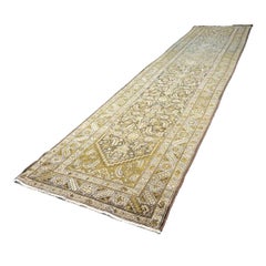 Antique Traditional Malayer Wool 4x16 Ivory, Slate & Olive Handmade Gallery Rug