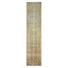 Antique Traditional Malayer Wool 4x16 Ivory, Slate & Olive Handmade Gallery Rug