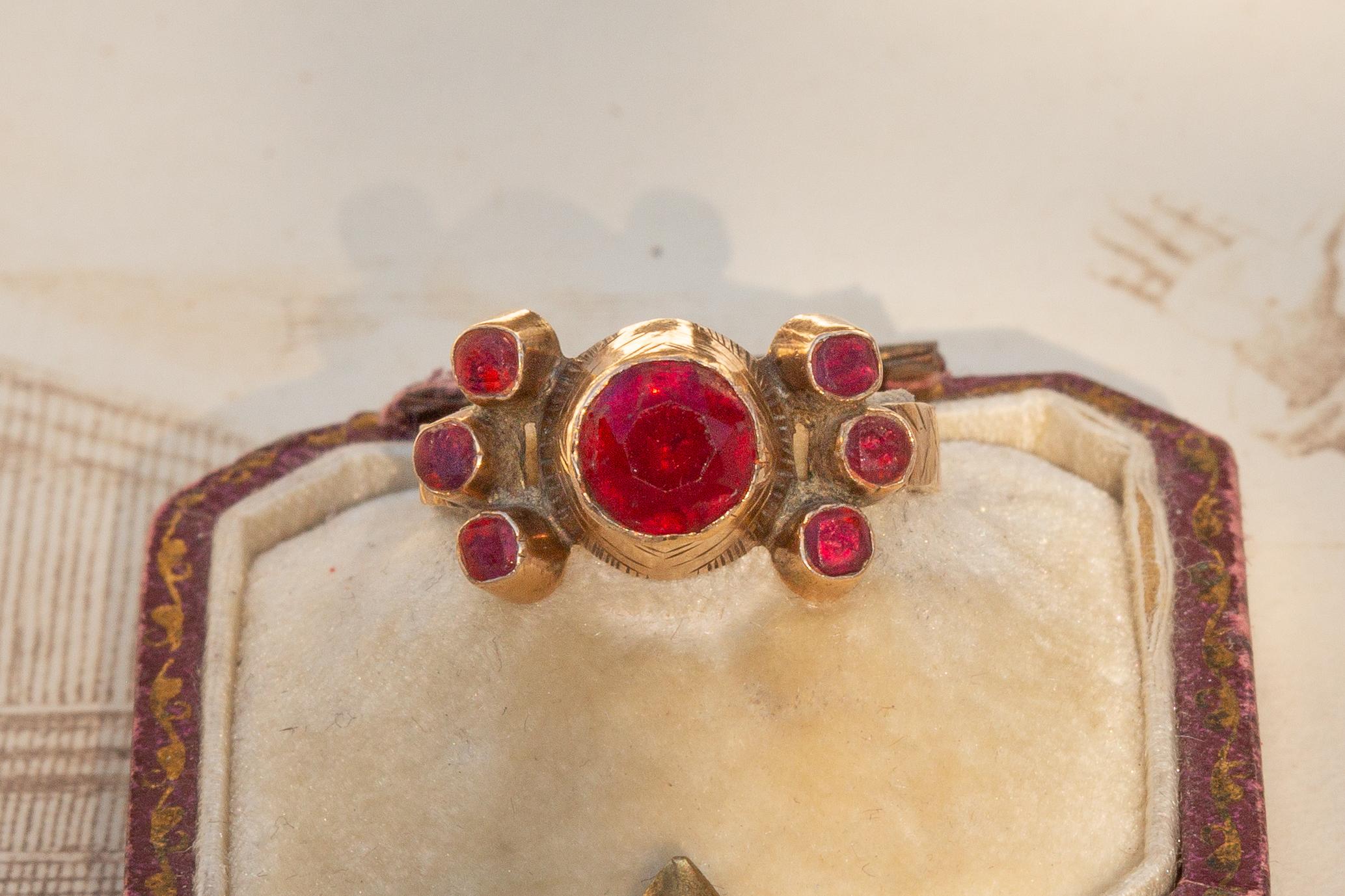 Antique Traditional Sicilian Gold 'A Fiocco' Bow Wedding Ring Red Pastes Italian 6