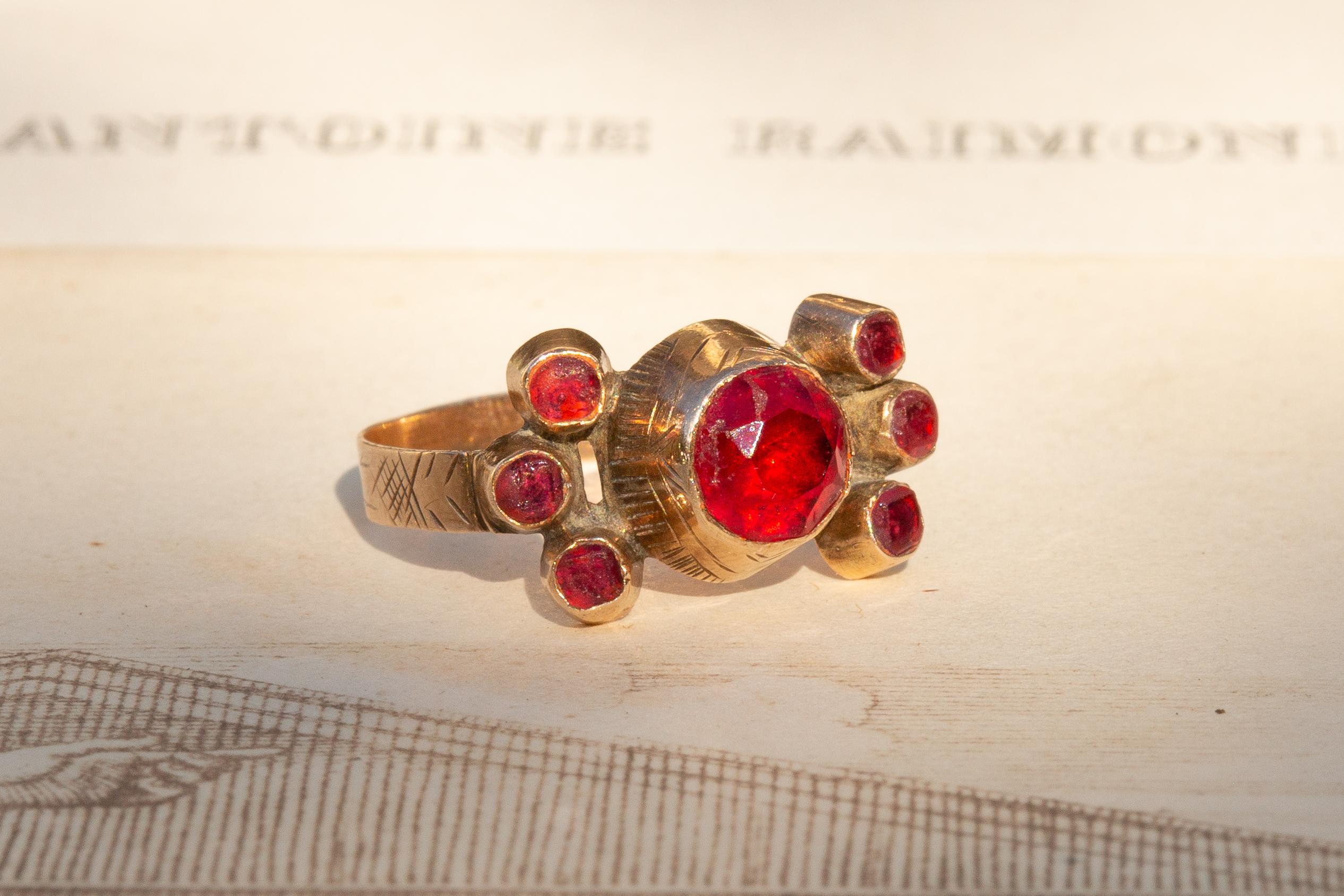 Antique Traditional Sicilian Gold 'A Fiocco' Bow Wedding Ring Red Pastes Italian 1