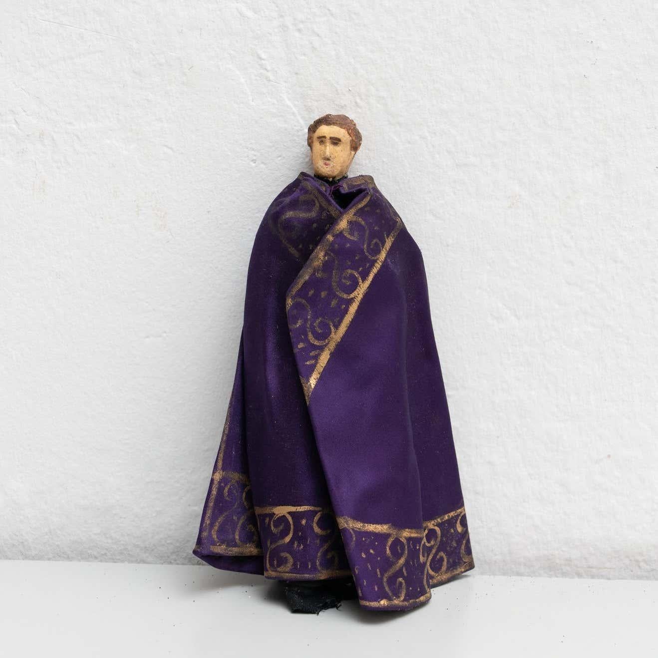 Antique early 20th century hand painted rag doll of parish priest.     Manufactured circa 1920 in Spain.    In original condition, with minor wear consistent with age and use, preserving a beautiful patina.    Materials:  Fabric.  Papier-mâché.   