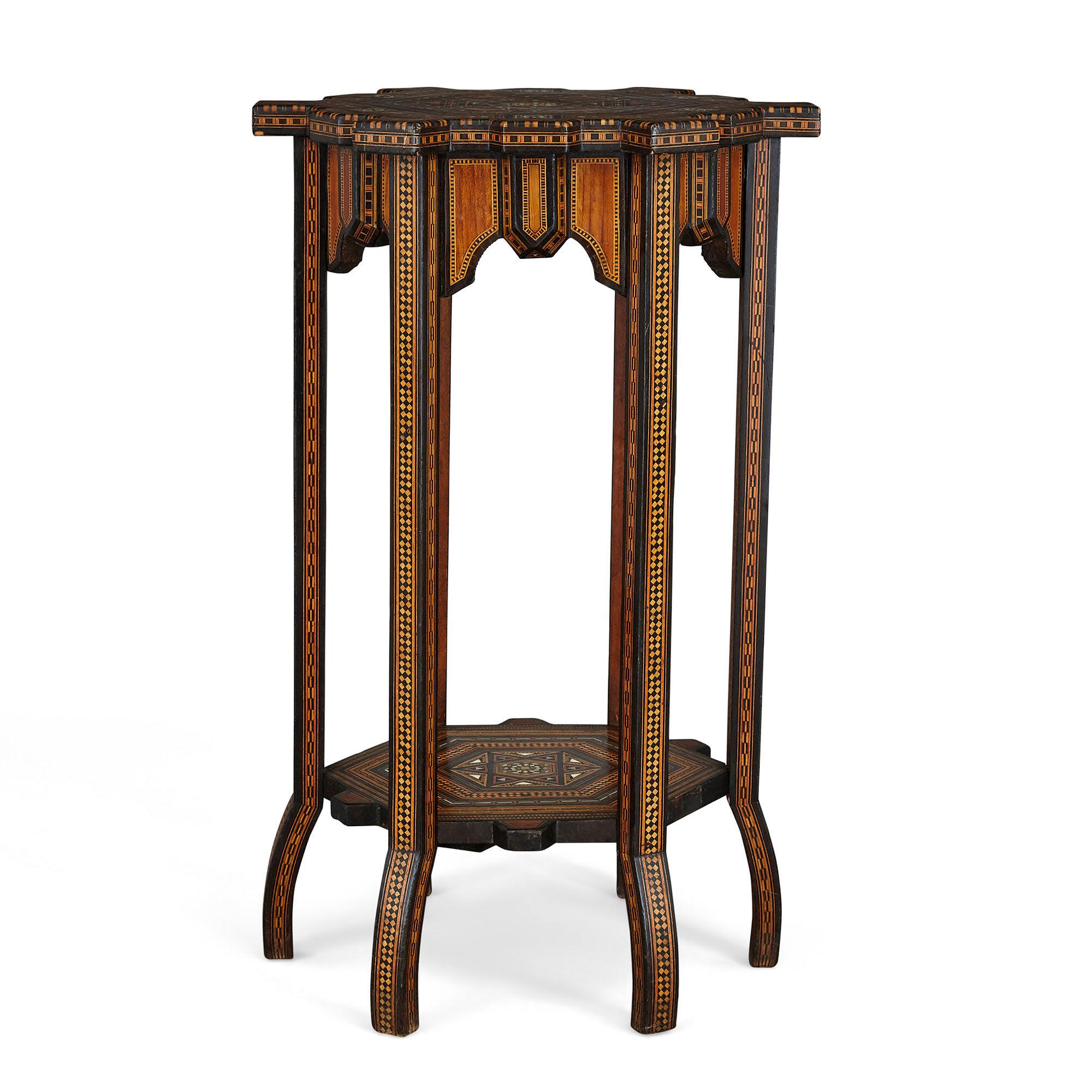 Antique traditional Syrian geometrical marquetry side table
Syrian, late 19th century
Measures: Height 68cm, width 39cm, depth 42cm

This beautiful side table is a fine demonstration of the intricacy of traditional Syrian design. The table