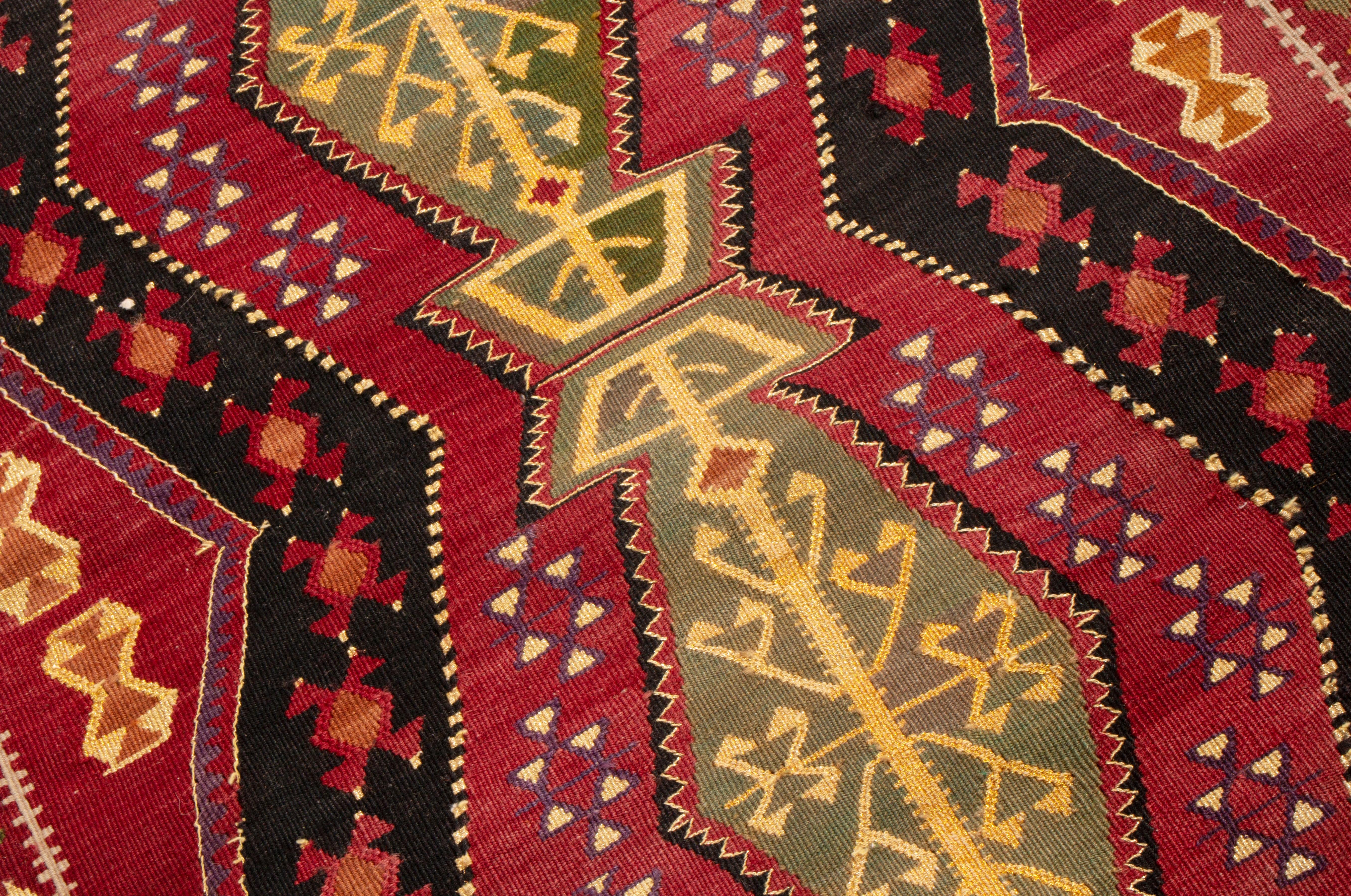 Hand-Knotted Antique Traditional Turkish Red and Gold Wool Kilim Rug