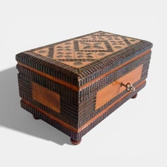 Antique Tramp Art Box, Hand-Carved Wood, France, Circa 1900, Folk Art