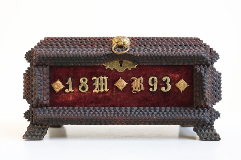 Folk Art Antique Tramp Art Box / Jewelry Box Carved Brass 1893 Chip Carved War Decoration For Sale