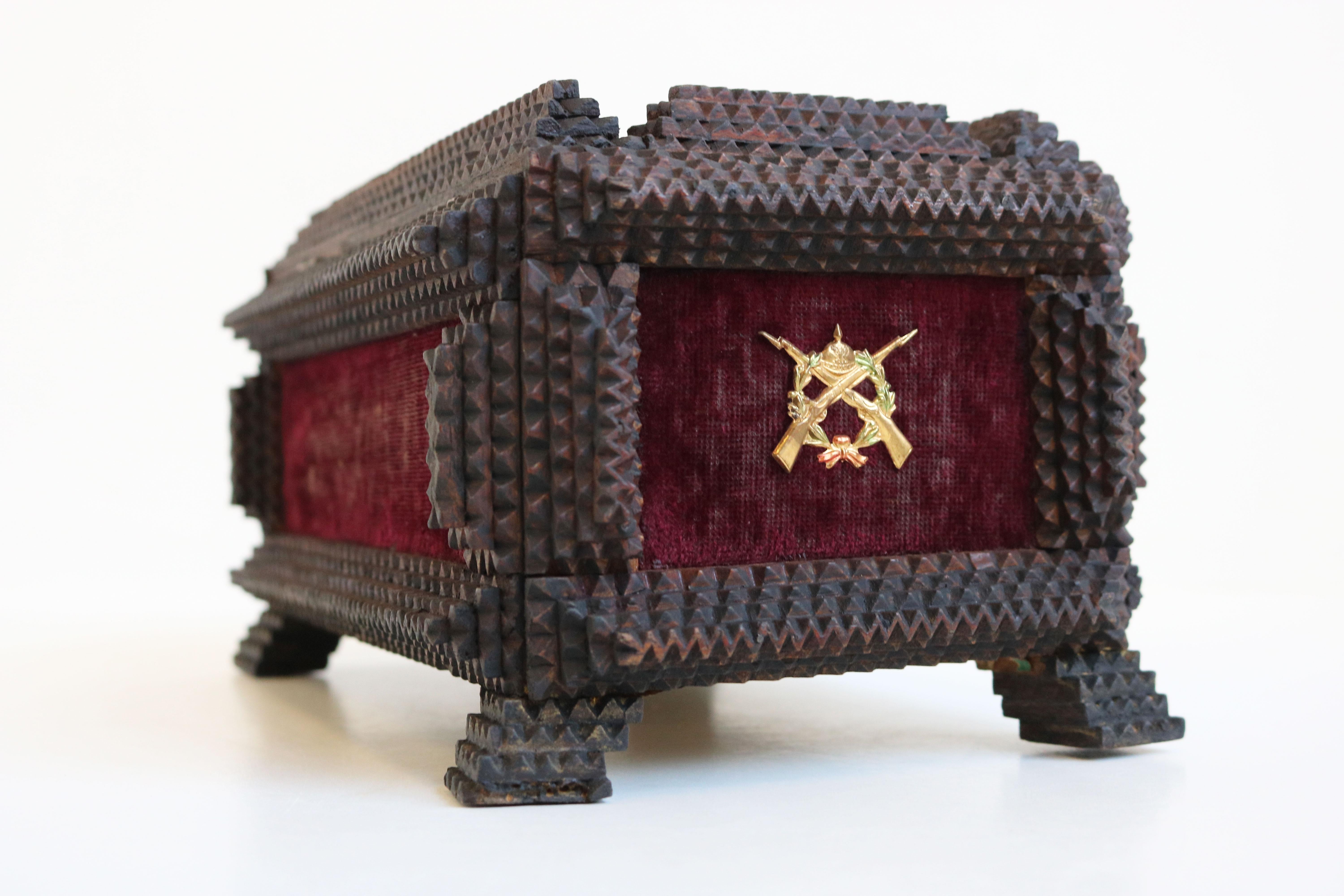 Late 19th Century Antique Tramp Art Box / Jewelry Box Carved Brass 1893 Chip Carved War Decoration For Sale