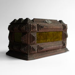 Antique Tramp Art Carved Wooden Box, Folk Art Jewellery Casket, Late 19Th C.