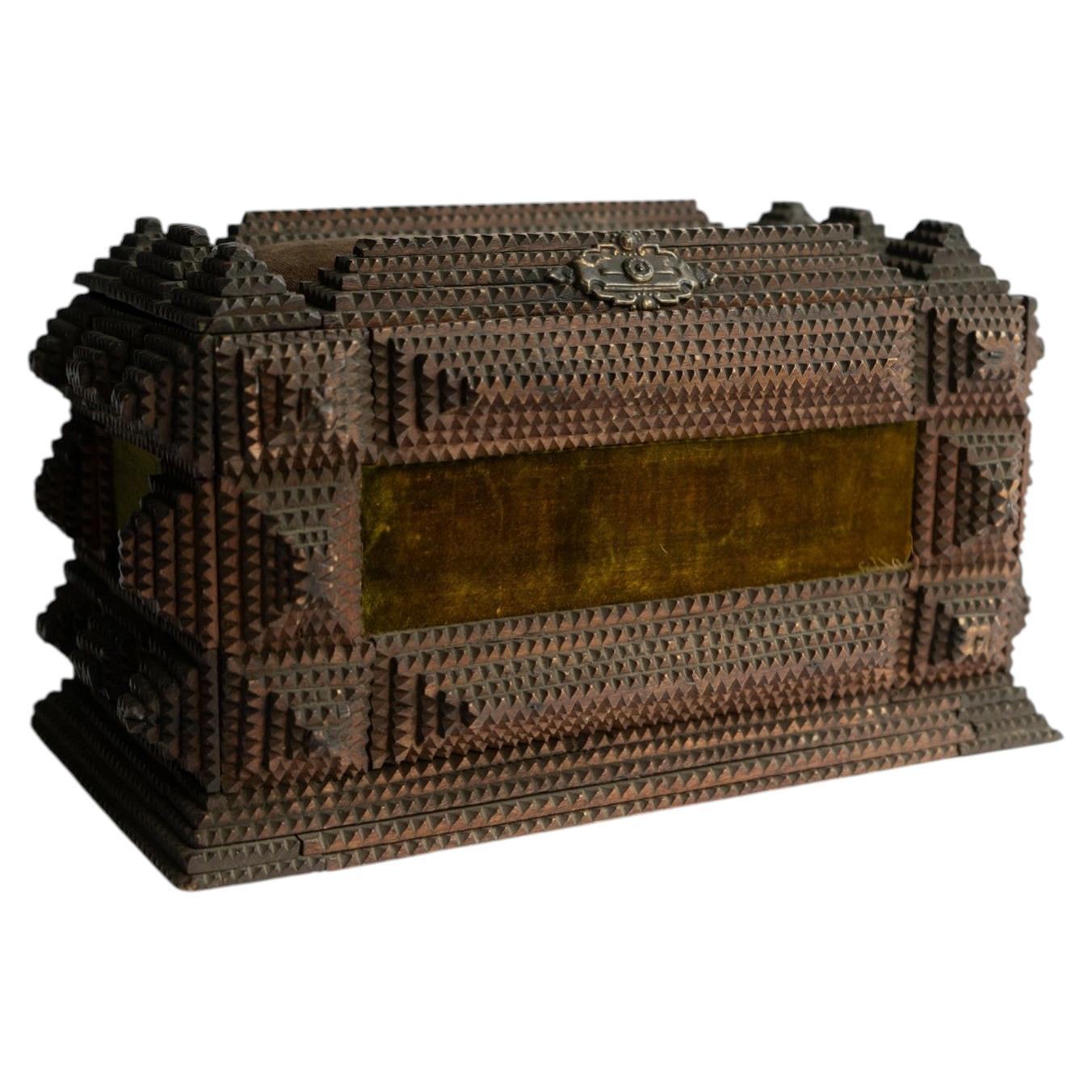 Antique Tramp Art Carved Wooden Box, Folk Art Jewellery Casket, Late 19Th C.
