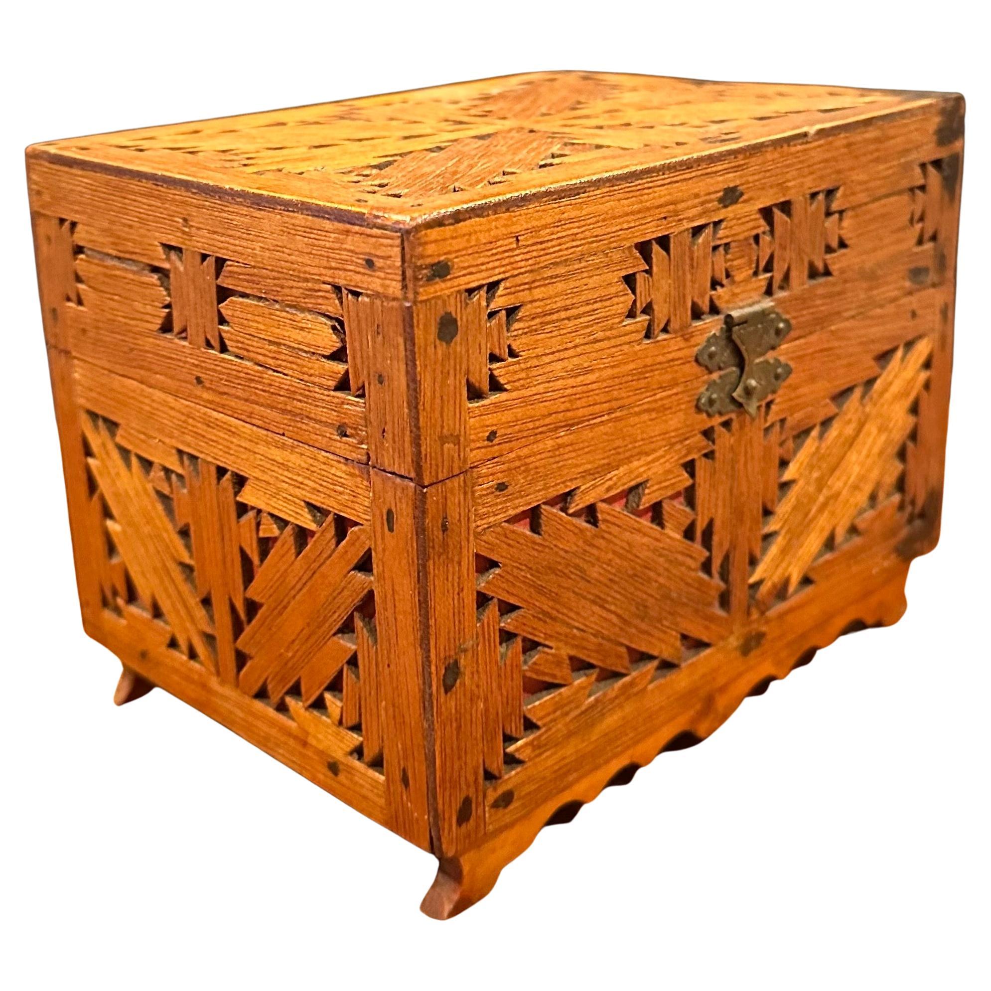Antique Tramp Art Carved Wooden Box with Geometric Chip Carving and Red Felt
