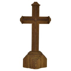 Extraordinary Antique Tramp Art Crucifix in Wood, Folk Art Cross, circa 1880