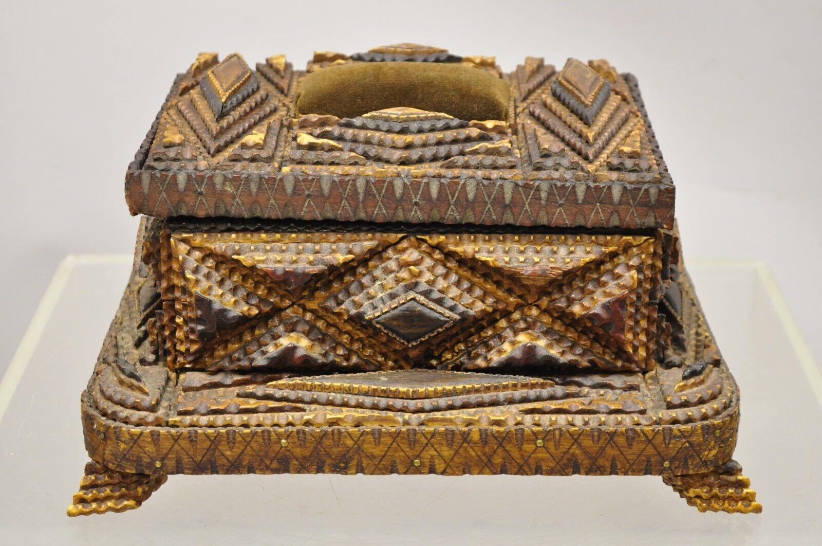 Antique Tramp Art Diamond 2 Tier Hinged Wood Jewelry Presentation Box. Item features stunning work and carving, hinged lid with interior mirror, mohair upholstered padded lid, upholstered interior, very nice antique item. Circa Early 1900s.