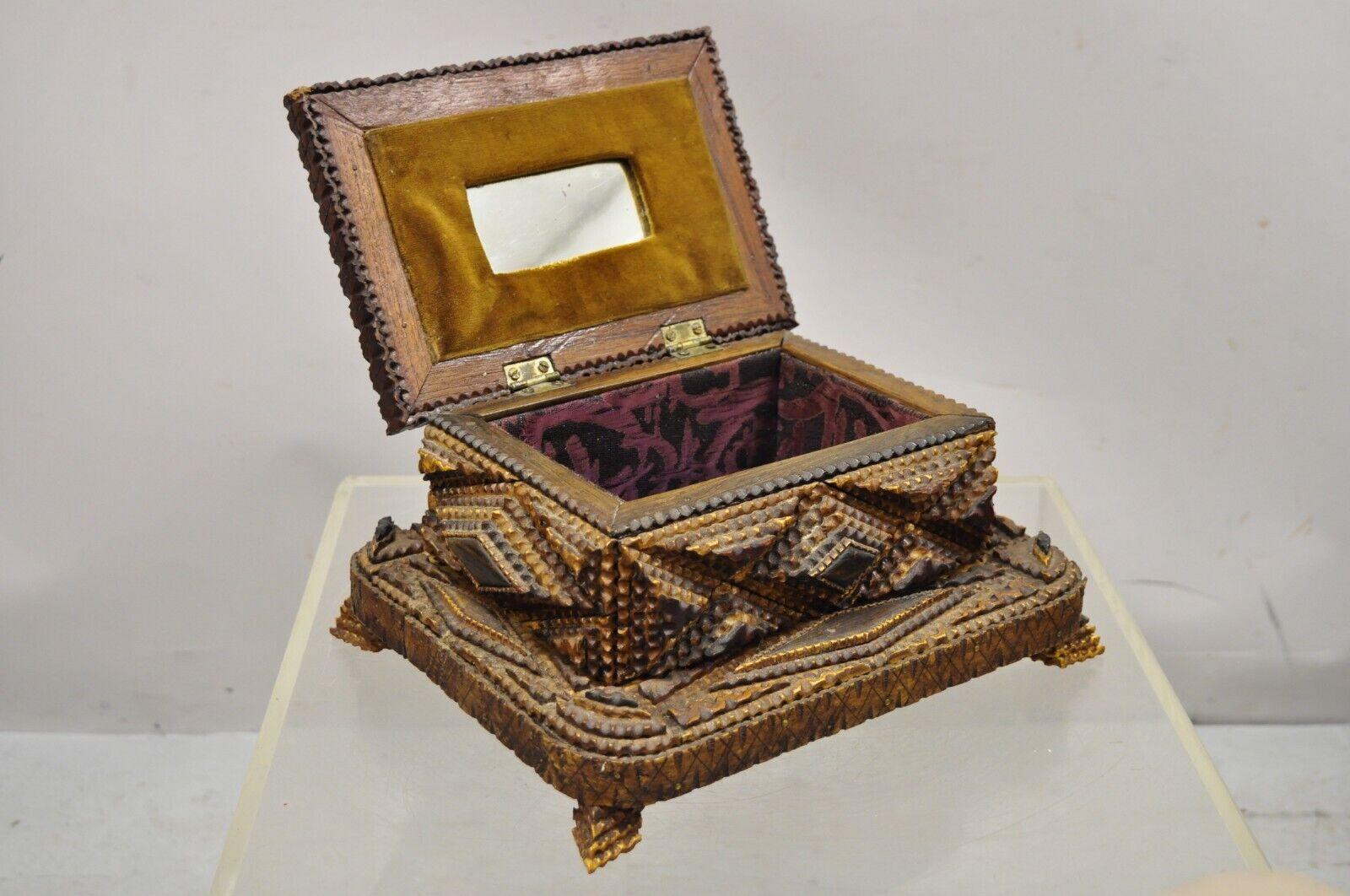 Antique Tramp Art Diamond 2 Tier Hinged Wood Jewelry Presentation Box For Sale 1