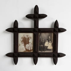 Antique Tramp Art Double Picture Frame With Original Portrait Photographs C 1890