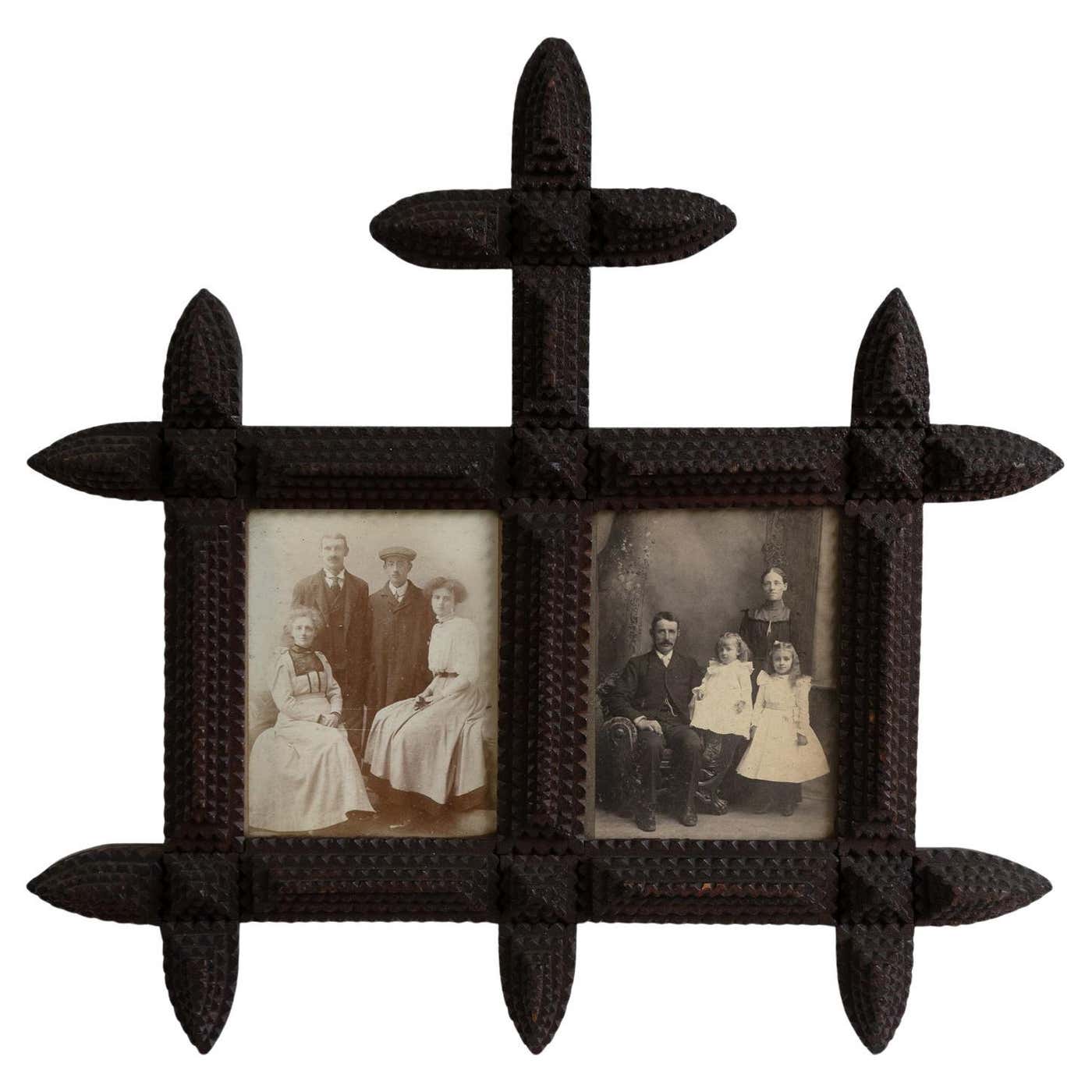 Original Frame Antique Tramp Art Double Picture Frame With Original Portrait ...