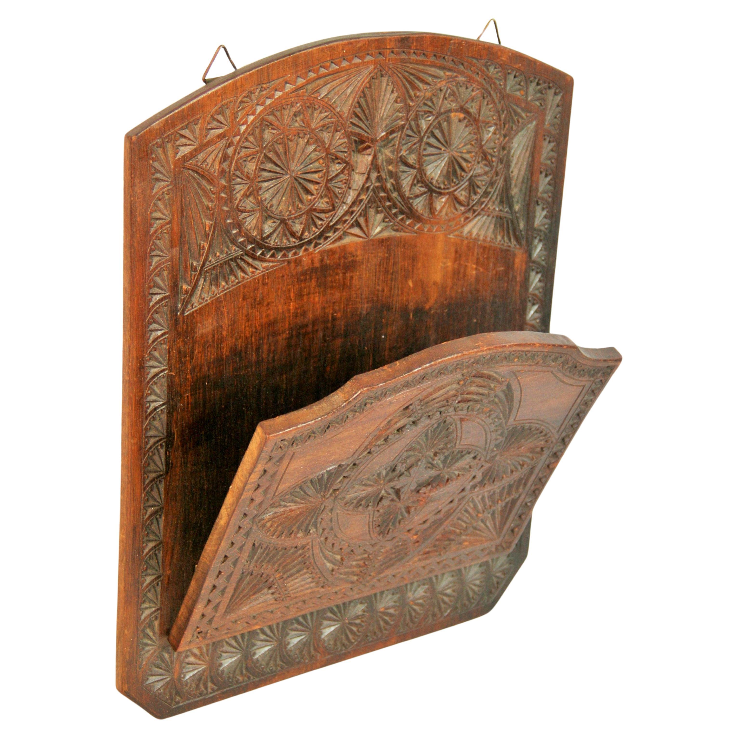 1552 Hand carved  black walnut tramp art antique foldable wall letter/paper rack