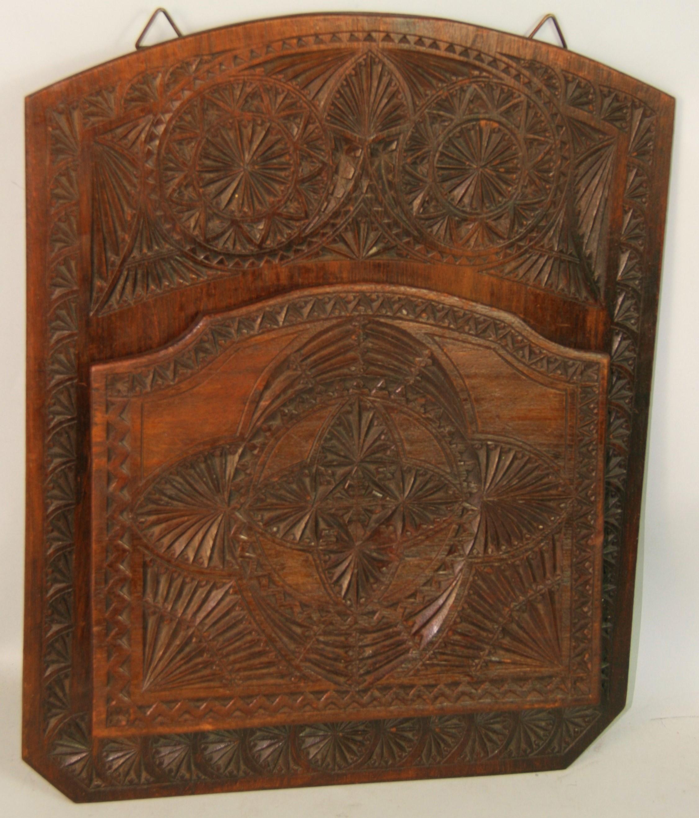 Antique Wall Hung Tramp Art Hand Carved Walnut Foldable Letter/Magazine Rack In Good Condition For Sale In Douglas Manor, NY