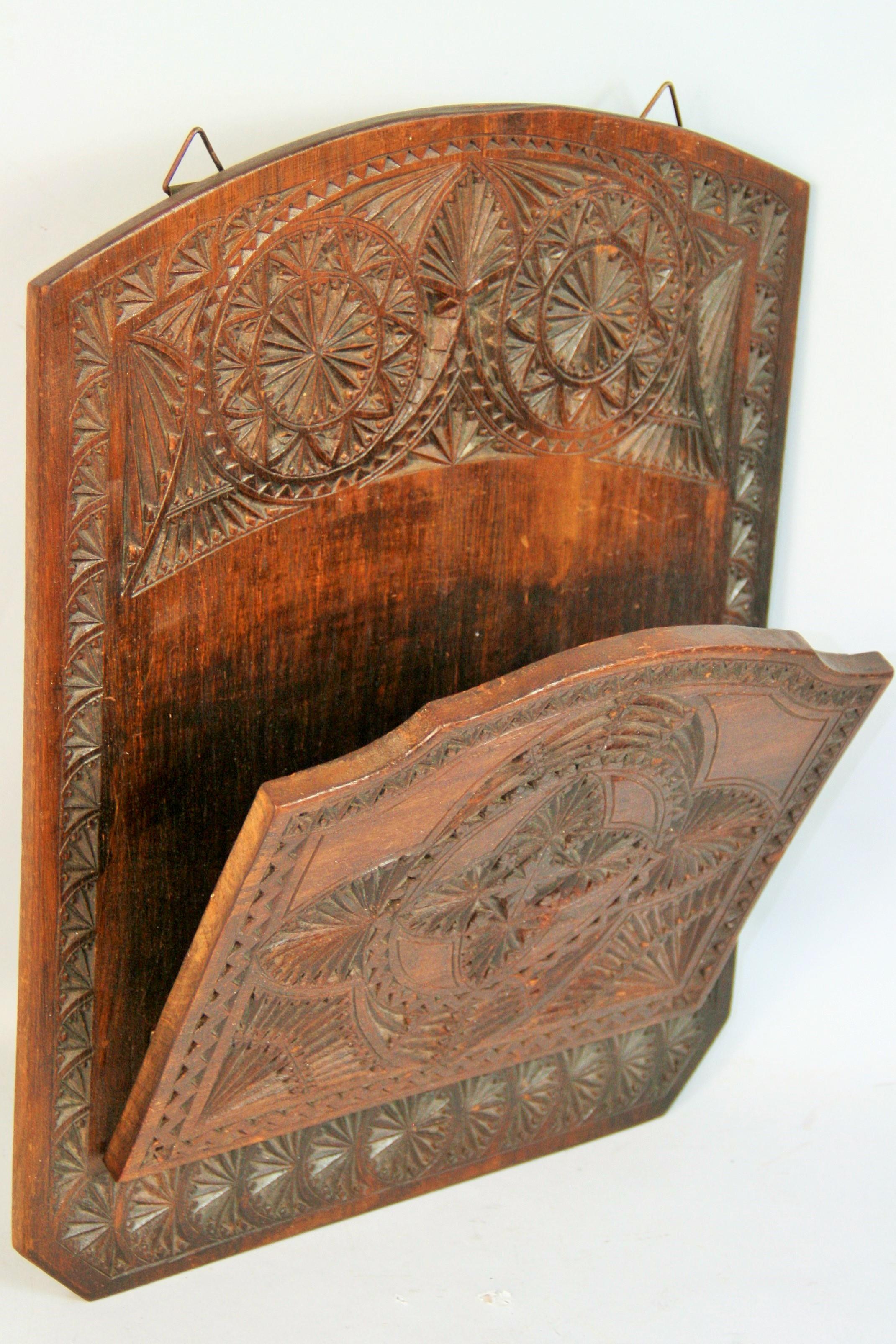 Antique Wall Hung Tramp Art Hand Carved Walnut Foldable Letter/Magazine Rack For Sale 2