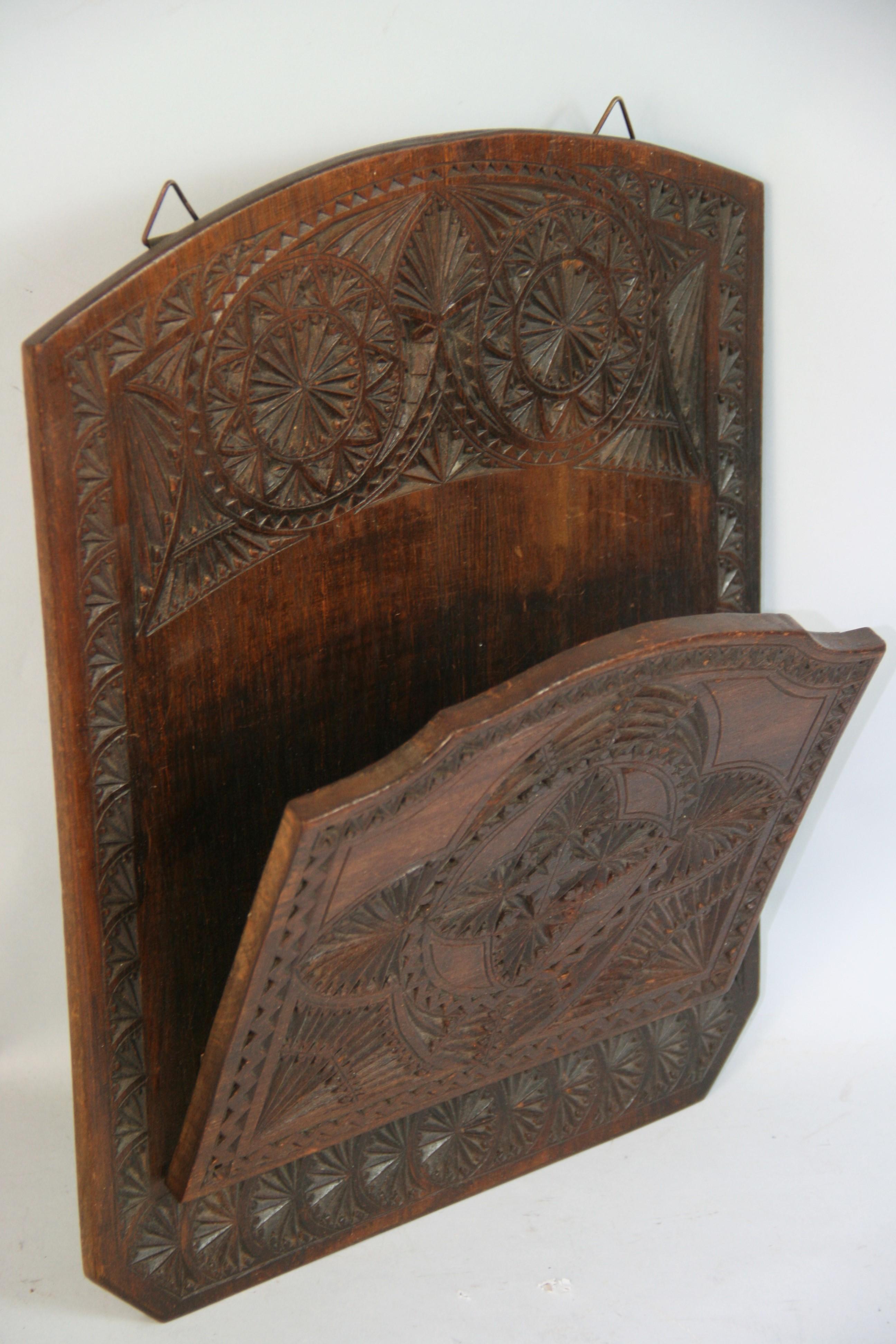 Antique Wall Hung Tramp Art Hand Carved Walnut Foldable Letter/Magazine Rack For Sale 3