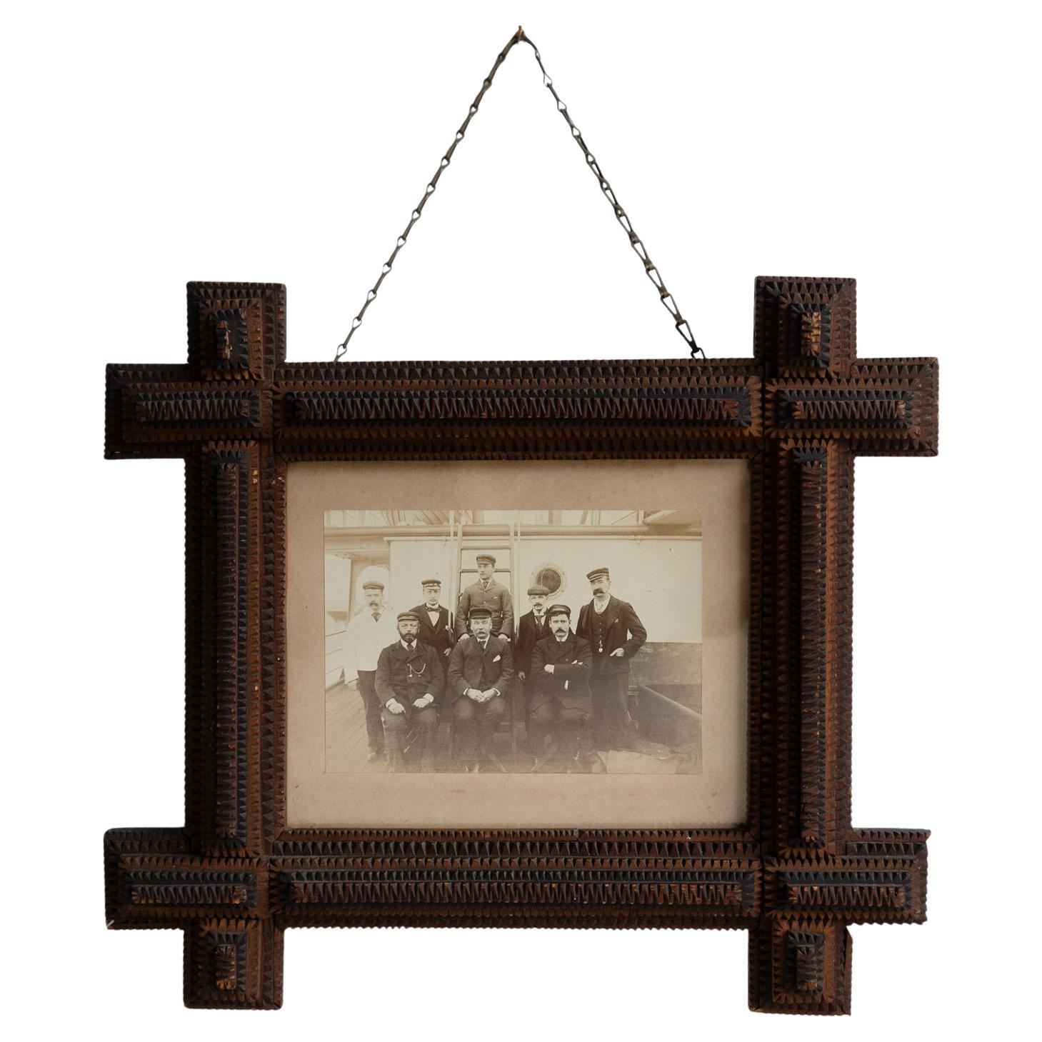 Marco Antiguo Tramp Art Con Fotografía Original De Marinero, Siglo 1890