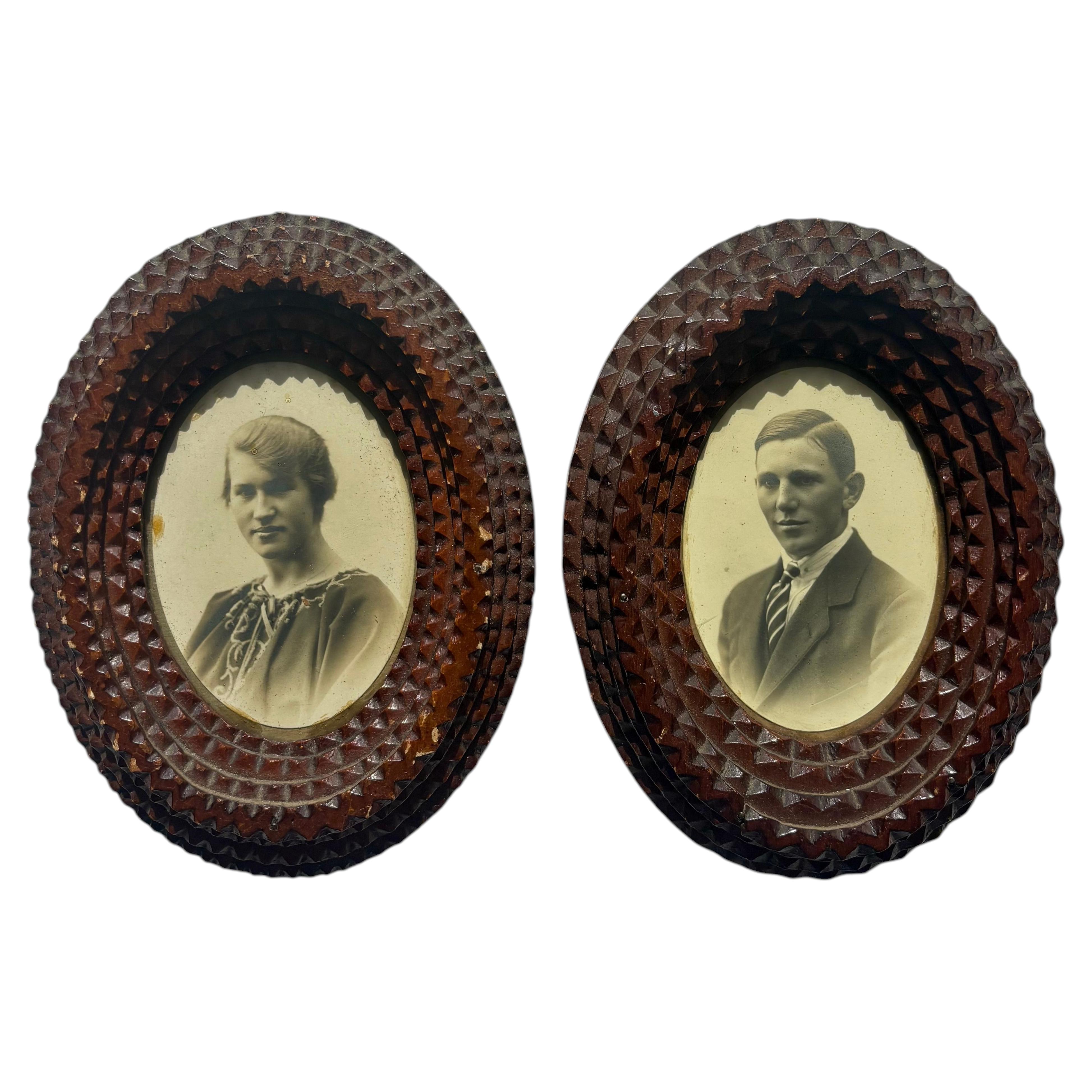 Antique Tramp Art Picture Frames, Hand-Carved Folk Art, Circa 1900s