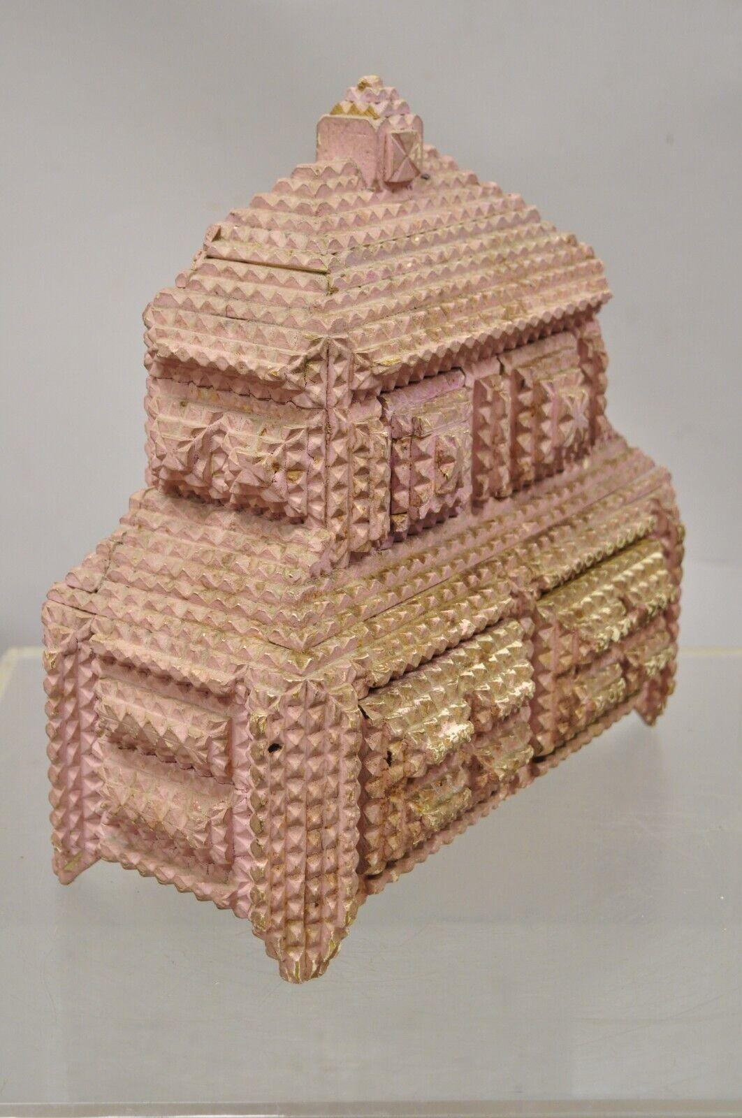 Antique Tramp Art Pink 4 drawer wood 2 Tier Pyramid Jewelry Presentation Box. Item features distress painted pink finish, velvet lined interior, 4 drawers, very nice antique item, quality craftsmanship, great style and form. Circa Early 1900s.