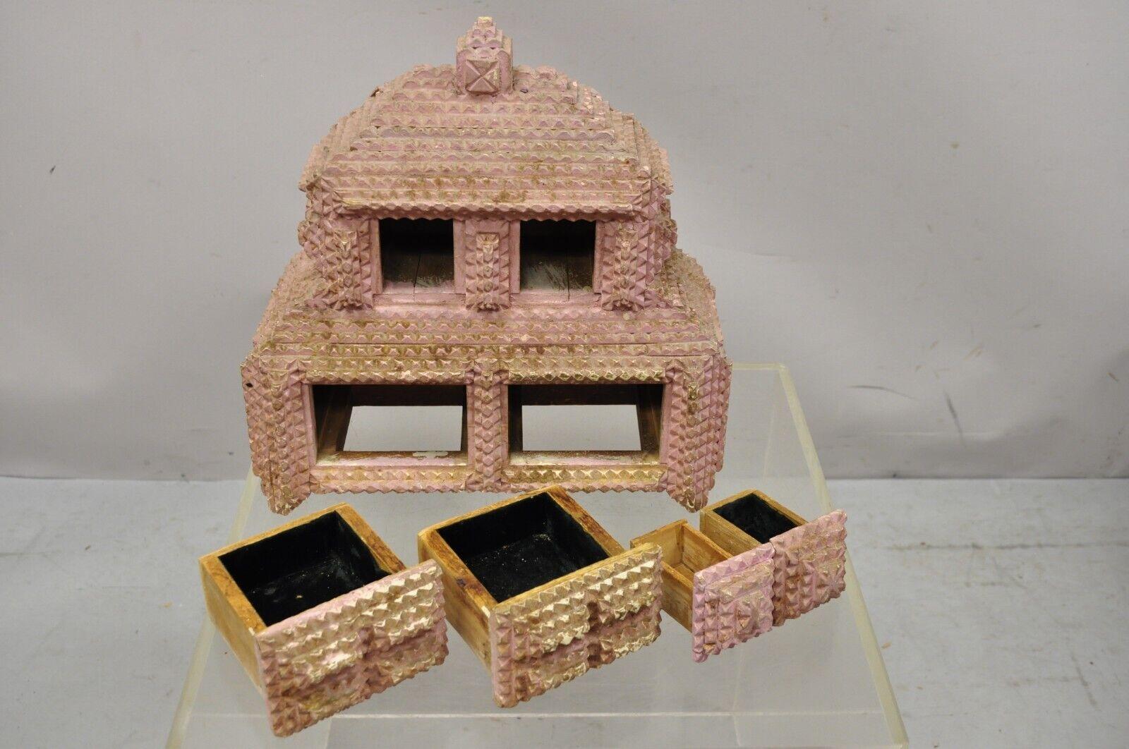 20th Century Antique Tramp Art Pink 4 Drawer Wood 2 Tier Pyramid Jewelry Presentation Box