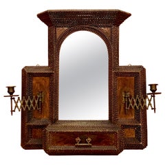 Antique Tramp Art Wallcabinet with Mirror and Revolving Brass Candle Walllight