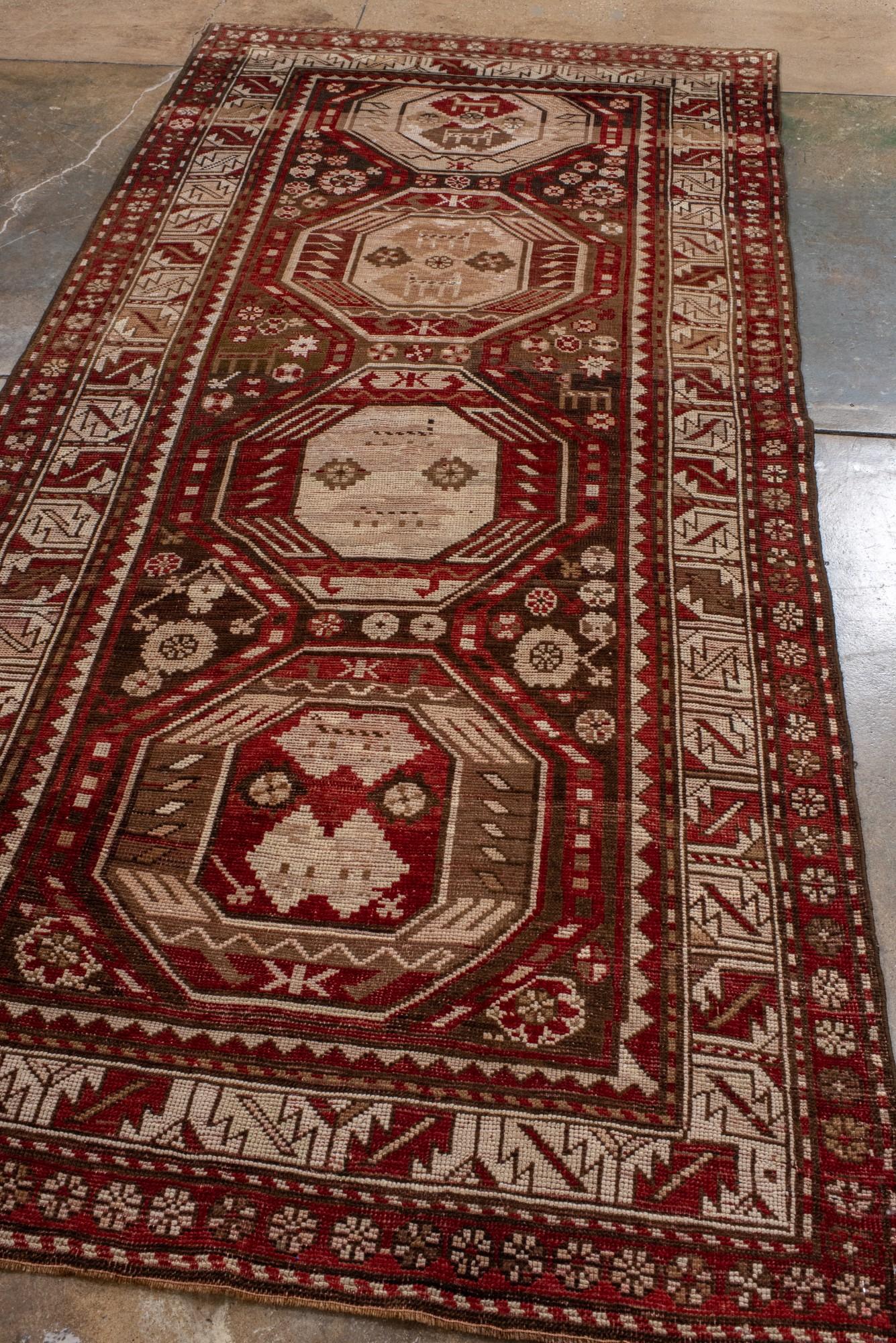 Persian Antique Transcaucasian Long Rug with Brick Red Colors For Sale