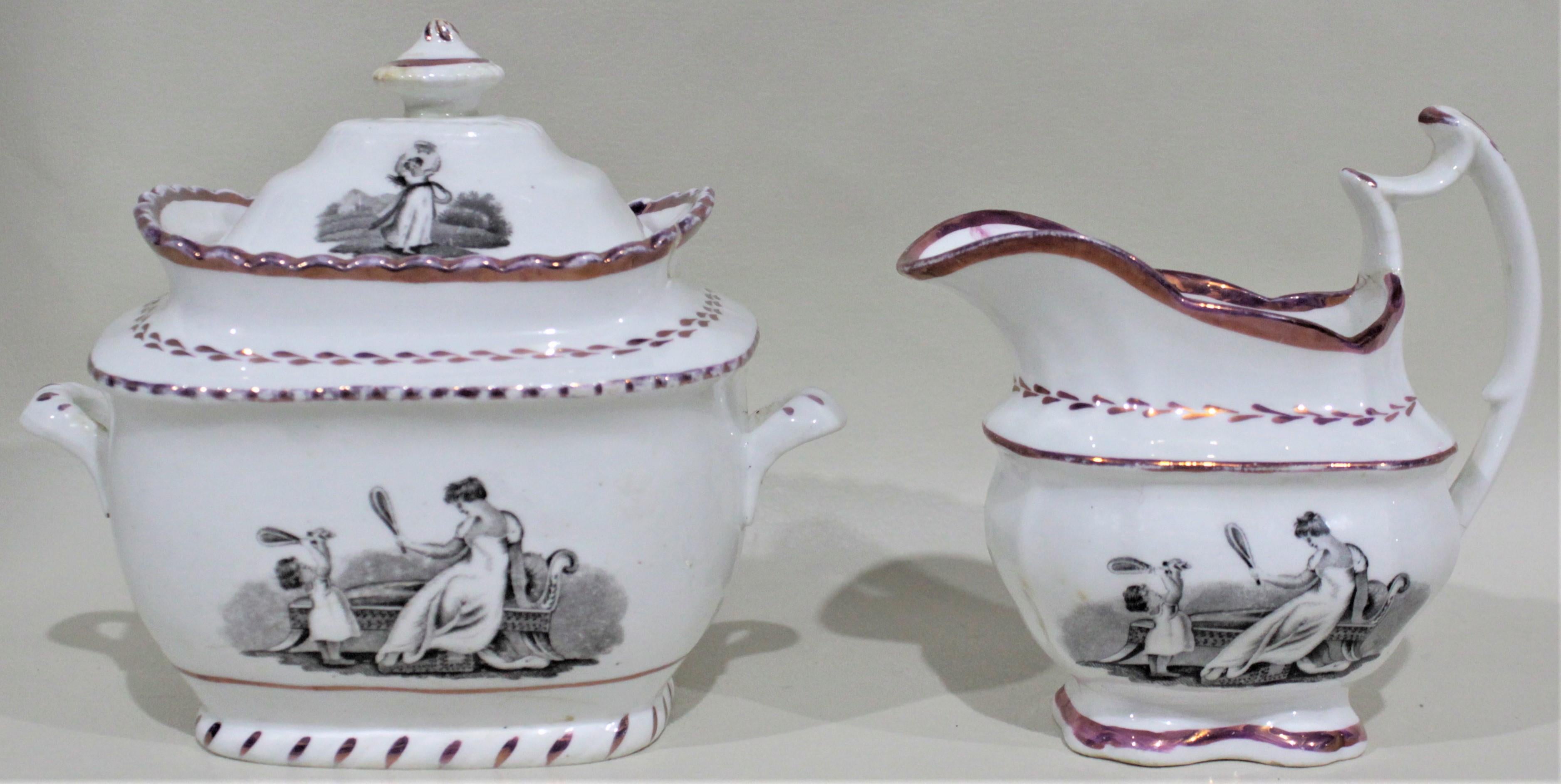Antique Transferware China Desert or Luncheon Set of Mother and Children Playing For Sale 4