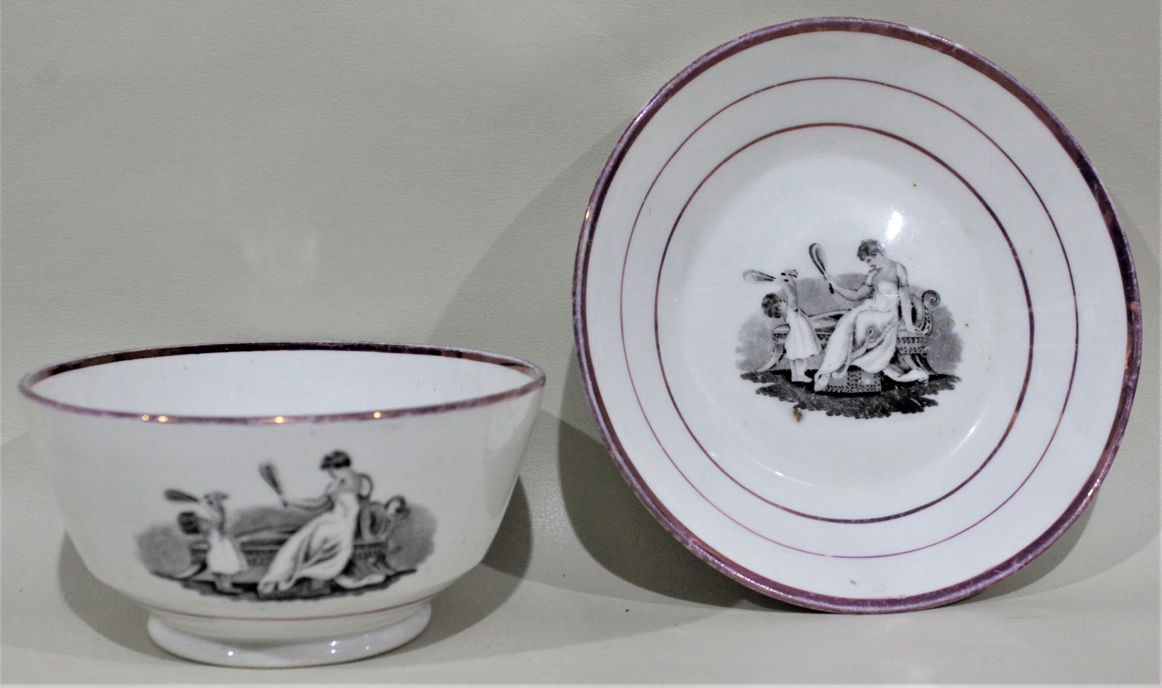 Early Victorian Antique Transferware China Desert or Luncheon Set of Mother and Children Playing For Sale