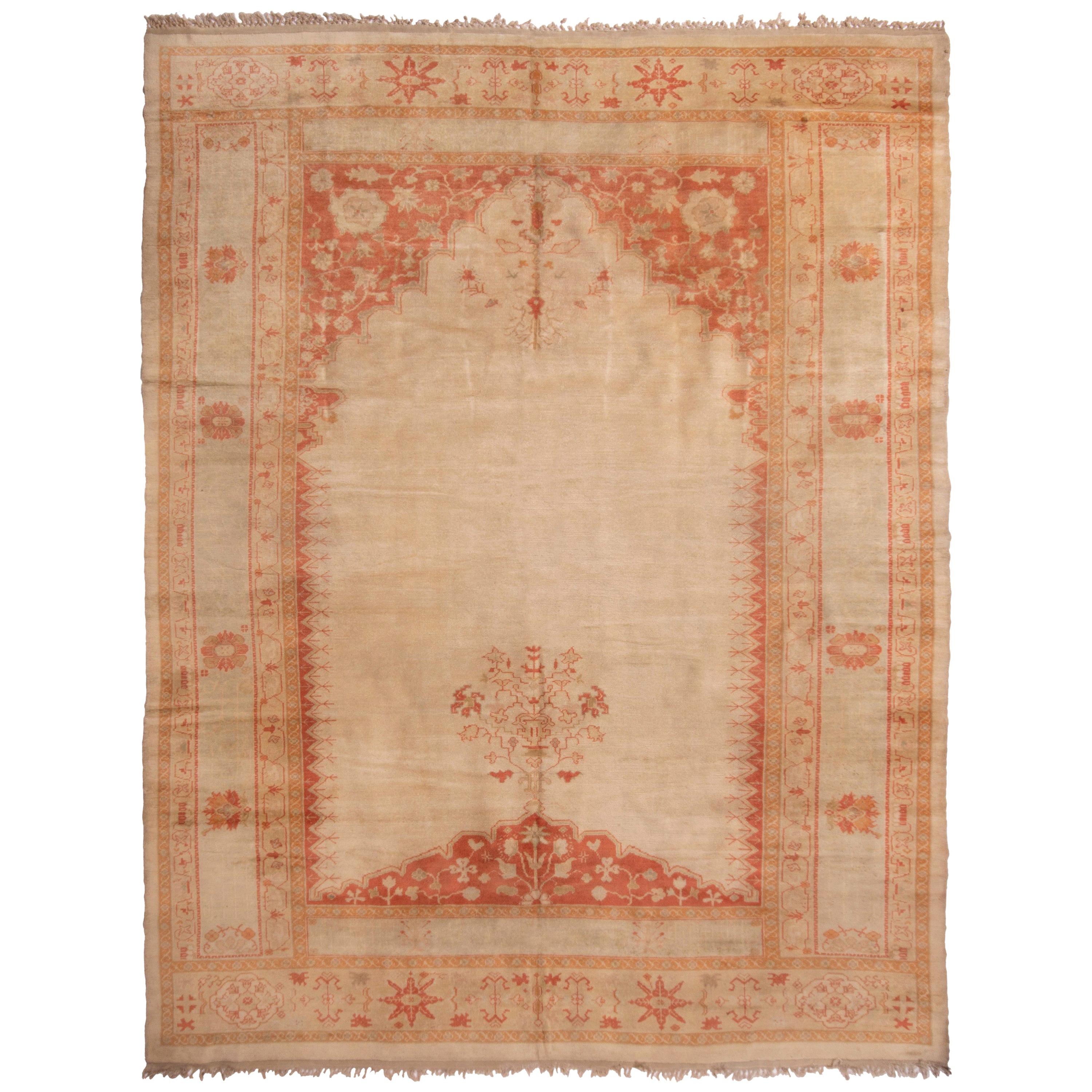 Antique Oushak Rug With Beige Open Field and Floral Patterns, From Rug & Kilim For Sale