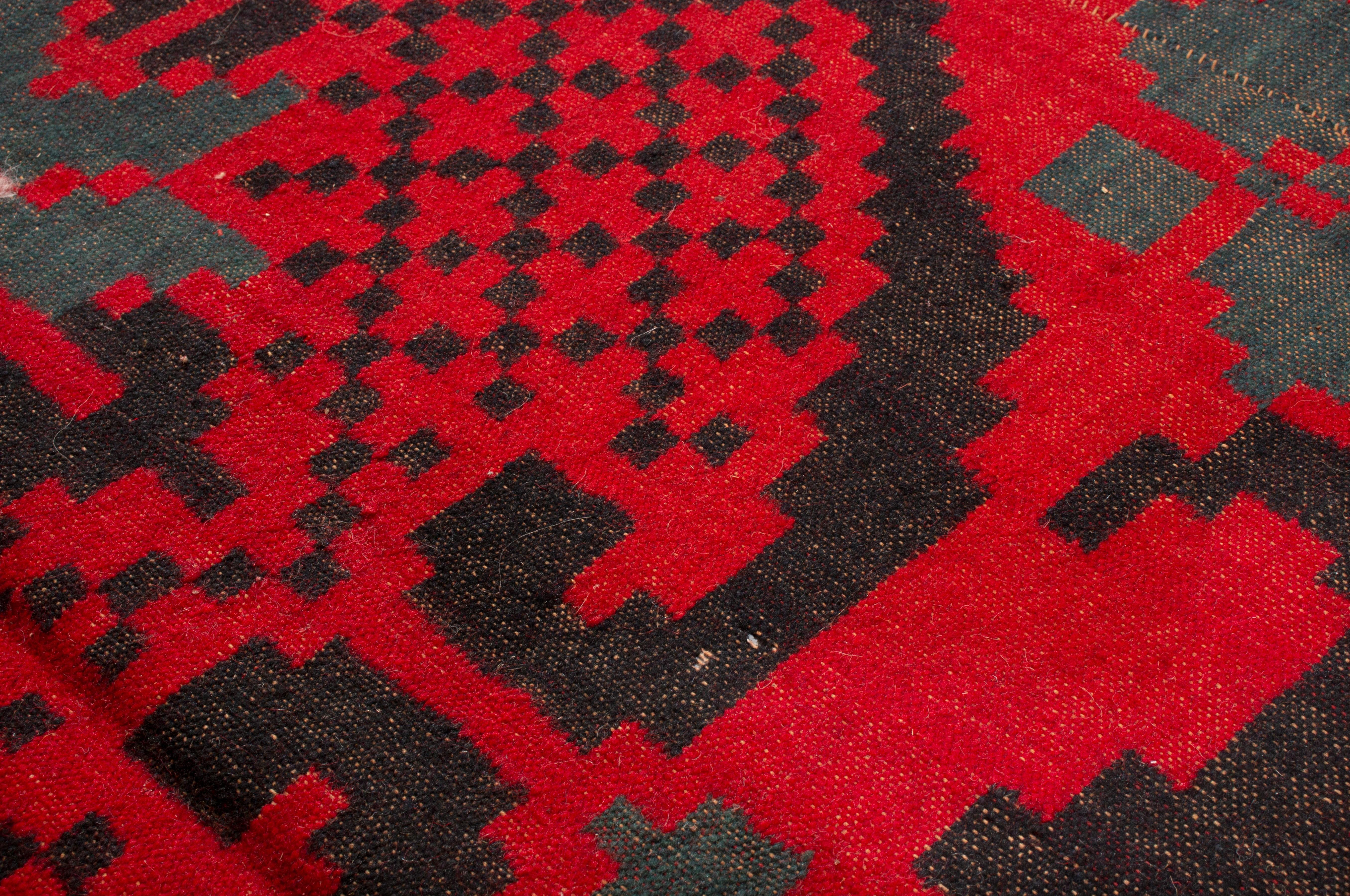 Hand-Knotted Antique Transitional Turkish Red and Black Geometric Pattern Kilim Rug For Sale