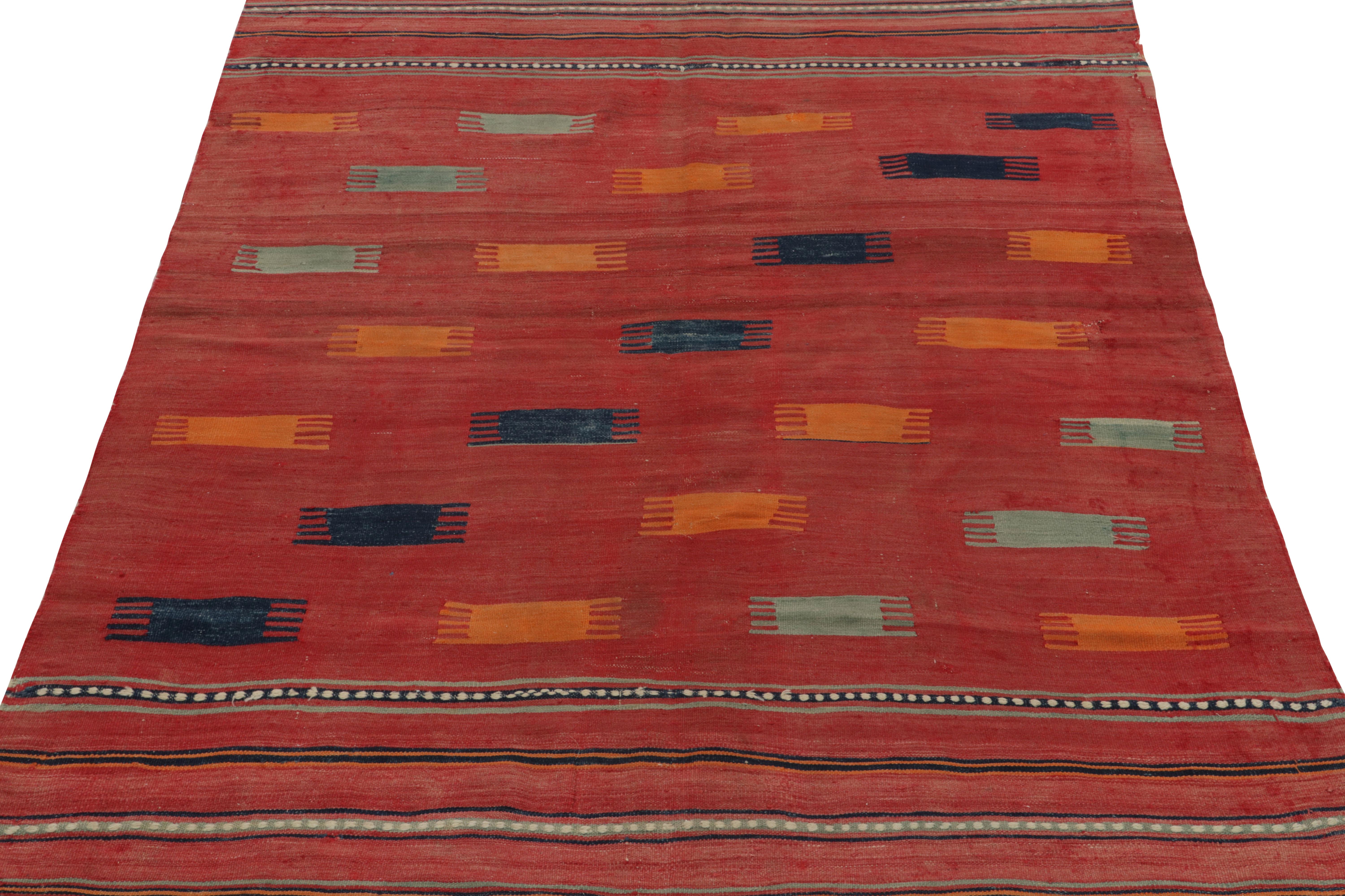 Turkish Antique Tribal Kilim rug in Red, Blue Tribal Geometric Pattern by Rug & Kilim For Sale