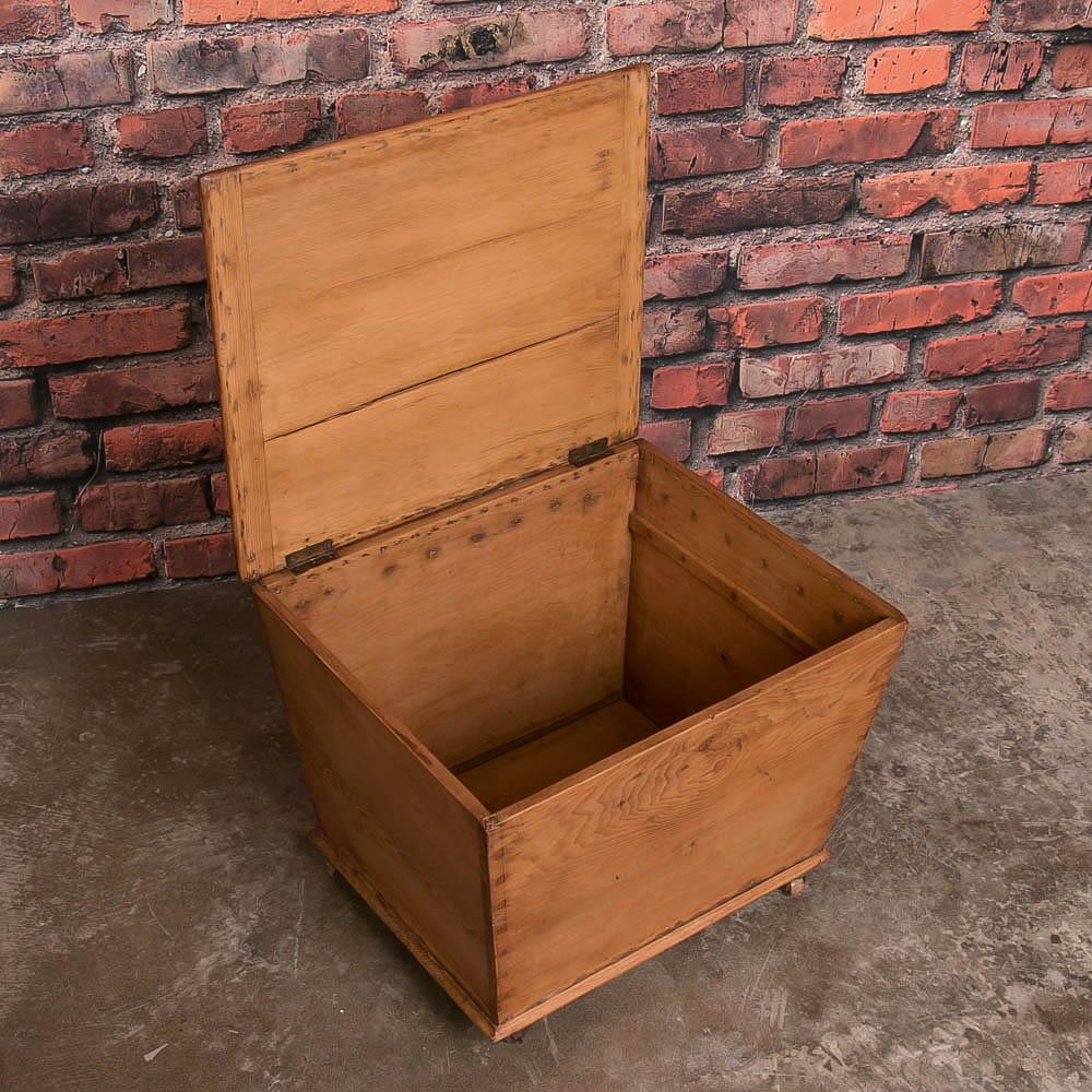 There is a simple charm to this small trunk or box which is on castors. The unique trapezoid shape draws the eye while the warmth of the waxed pine and large dovetail joints add to its enduring appeal. The hinged lid opens revealing space to store