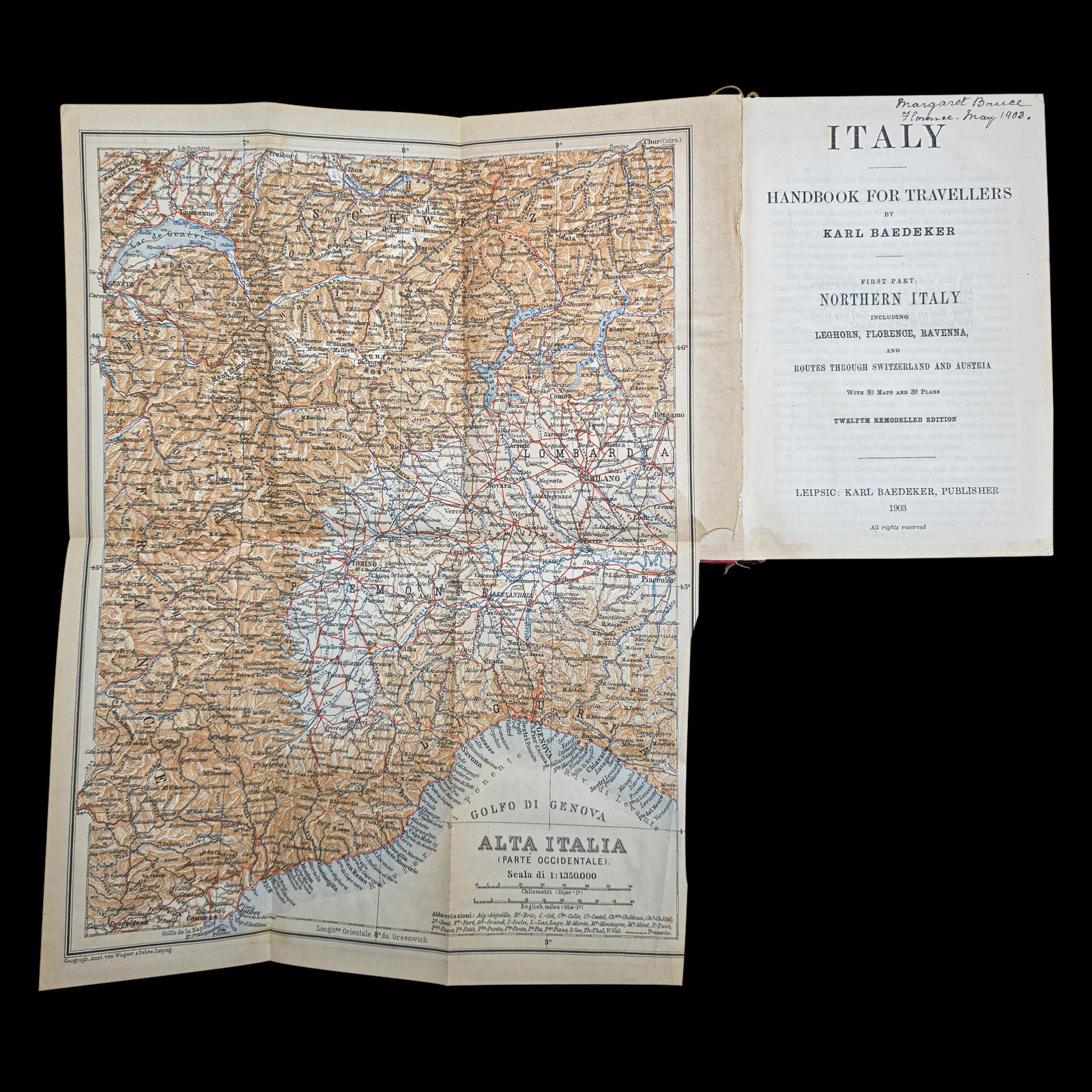 British Antique Travel Book, Baedeker’s Northern Italy, Maps, Guide, Edwardian, C.1903 For Sale