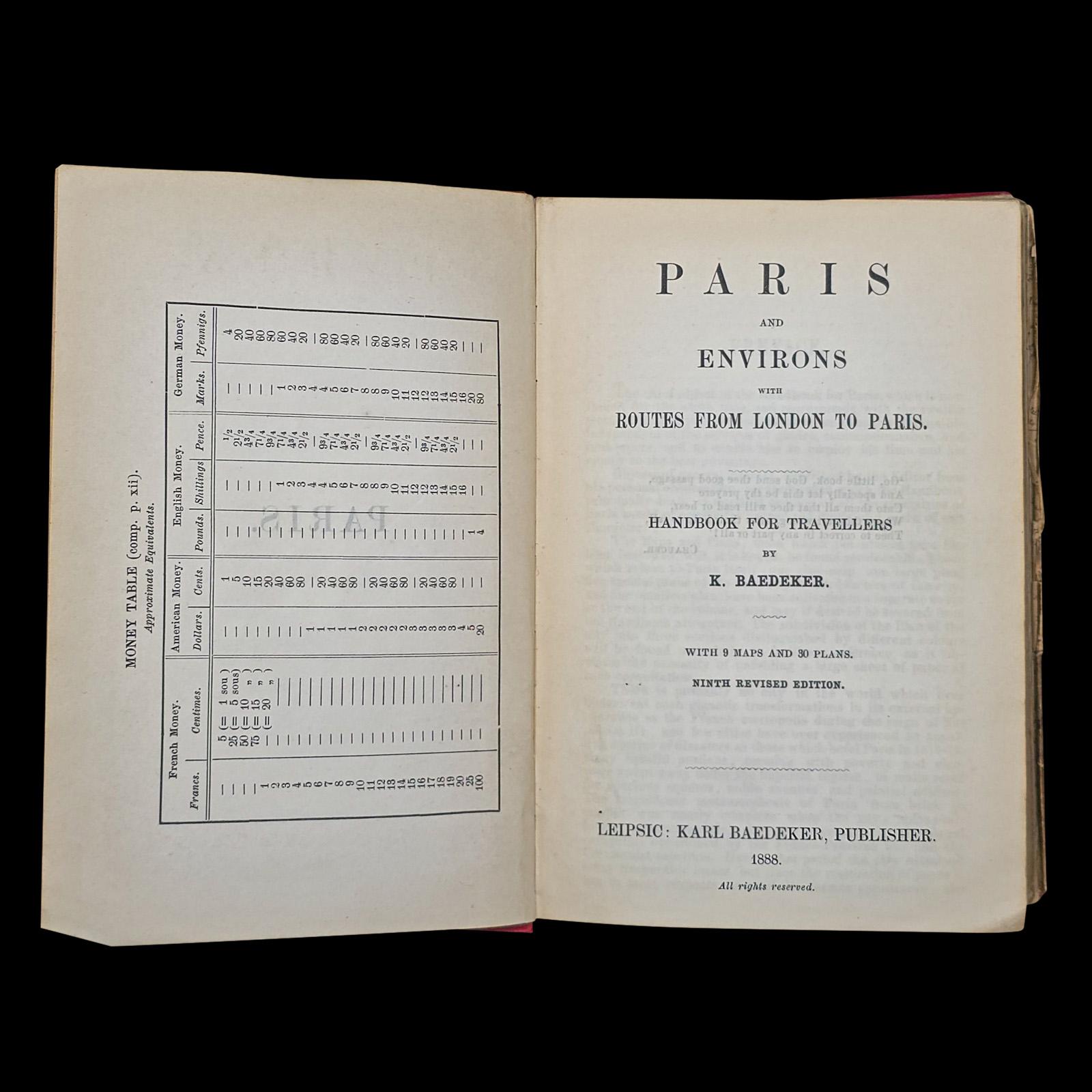 Late Victorian Antique Travel Book, Baedeker’s Paris and its Environs, Maps, Guide, Victorian For Sale