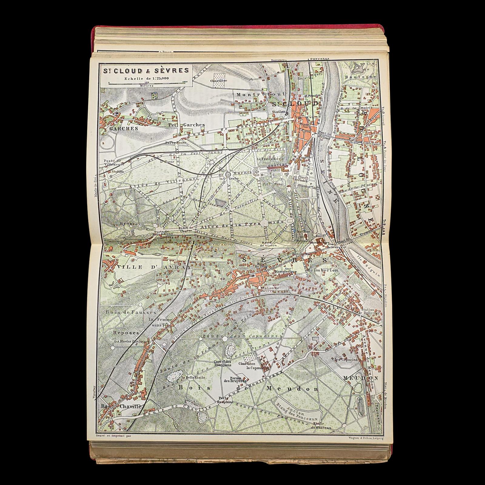 Antique Travel Book, Baedeker’s Paris and its Environs, Maps, Guide, Victorian For Sale 1