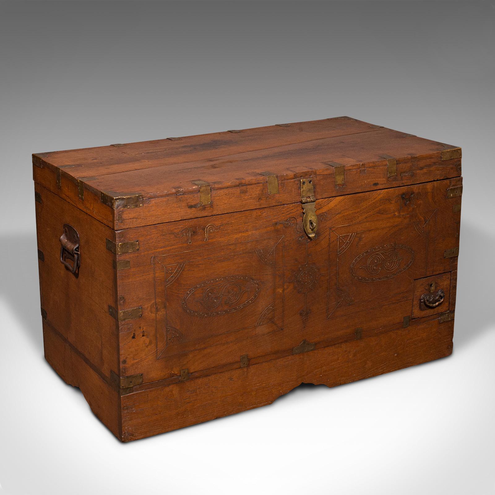 This is an antique travelling cleric's chest. An Anglo-Indian, teak colonial trunk with fitted interior, dating to the late Victorian period, circa 1880.

Delightful fitted interior with a host of storage solutions
Displays a desirable aged