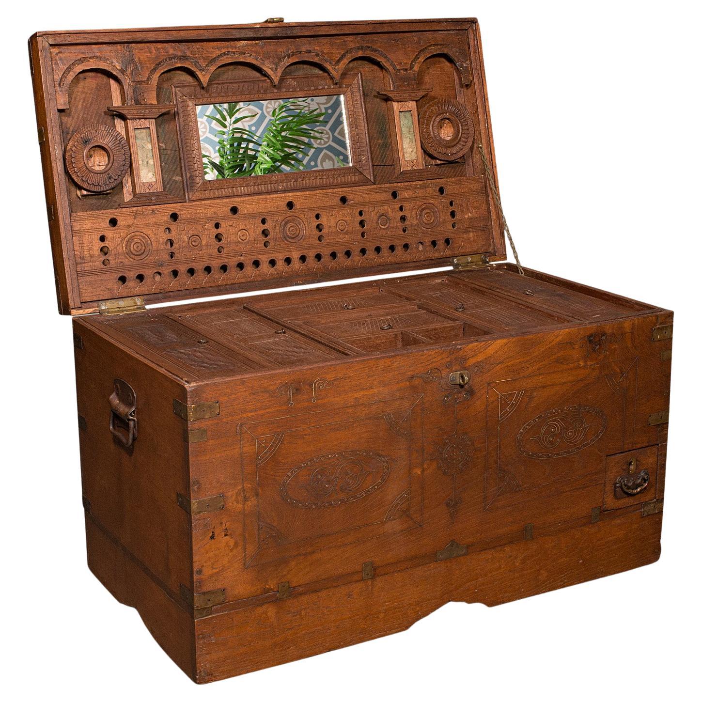 Antique Travelling Cleric's Chest, Anglo Indian, Teak, Colonial Trunk, Victorian For Sale