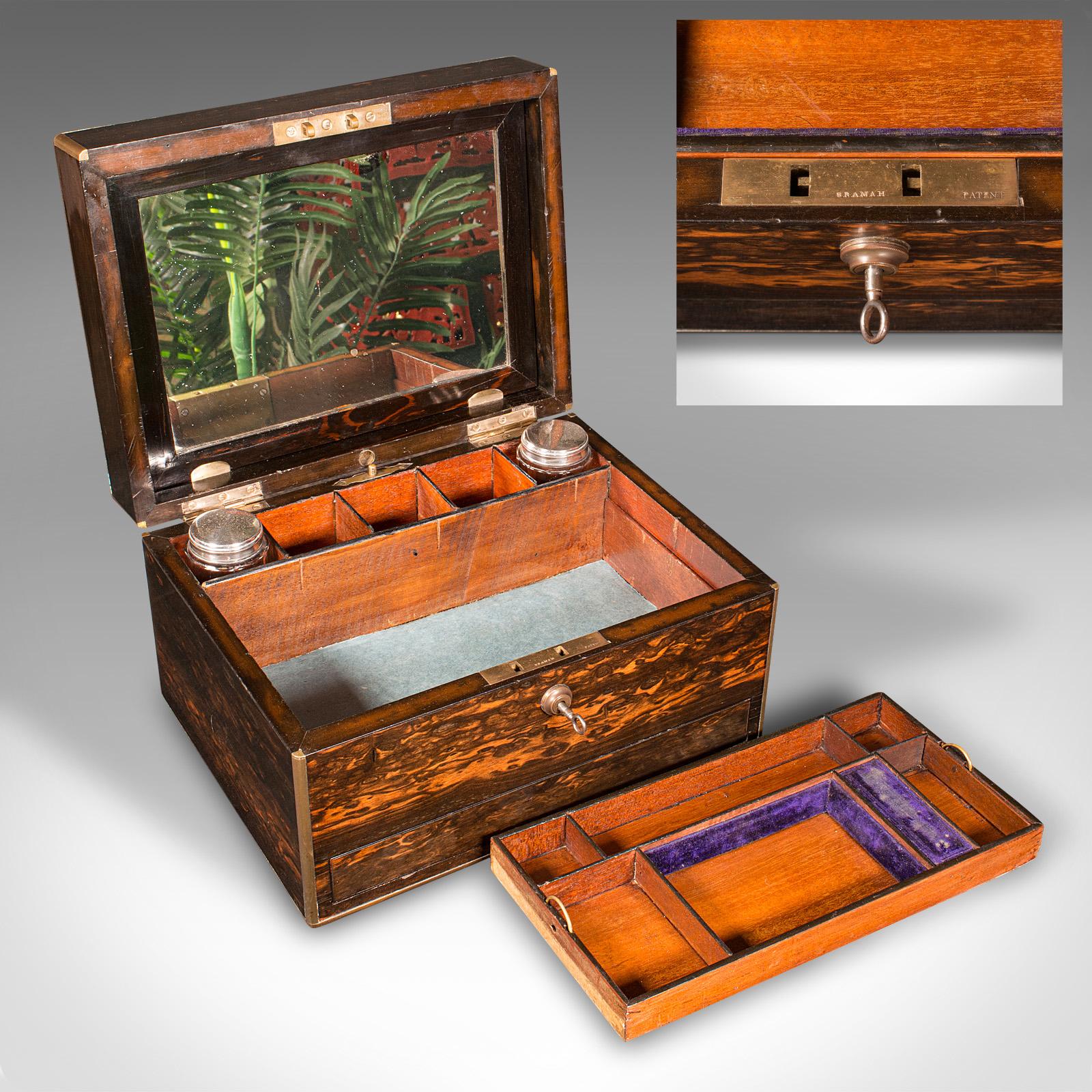 Glass Antique Travelling Vanity Case, English, Coromandel, Jewellery Box, Victorian For Sale