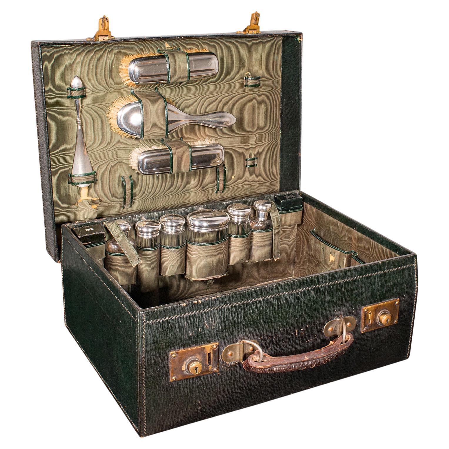 Antiguo Neceser de Viaje, Inglés, Cuero, Plata, Caja de tocador