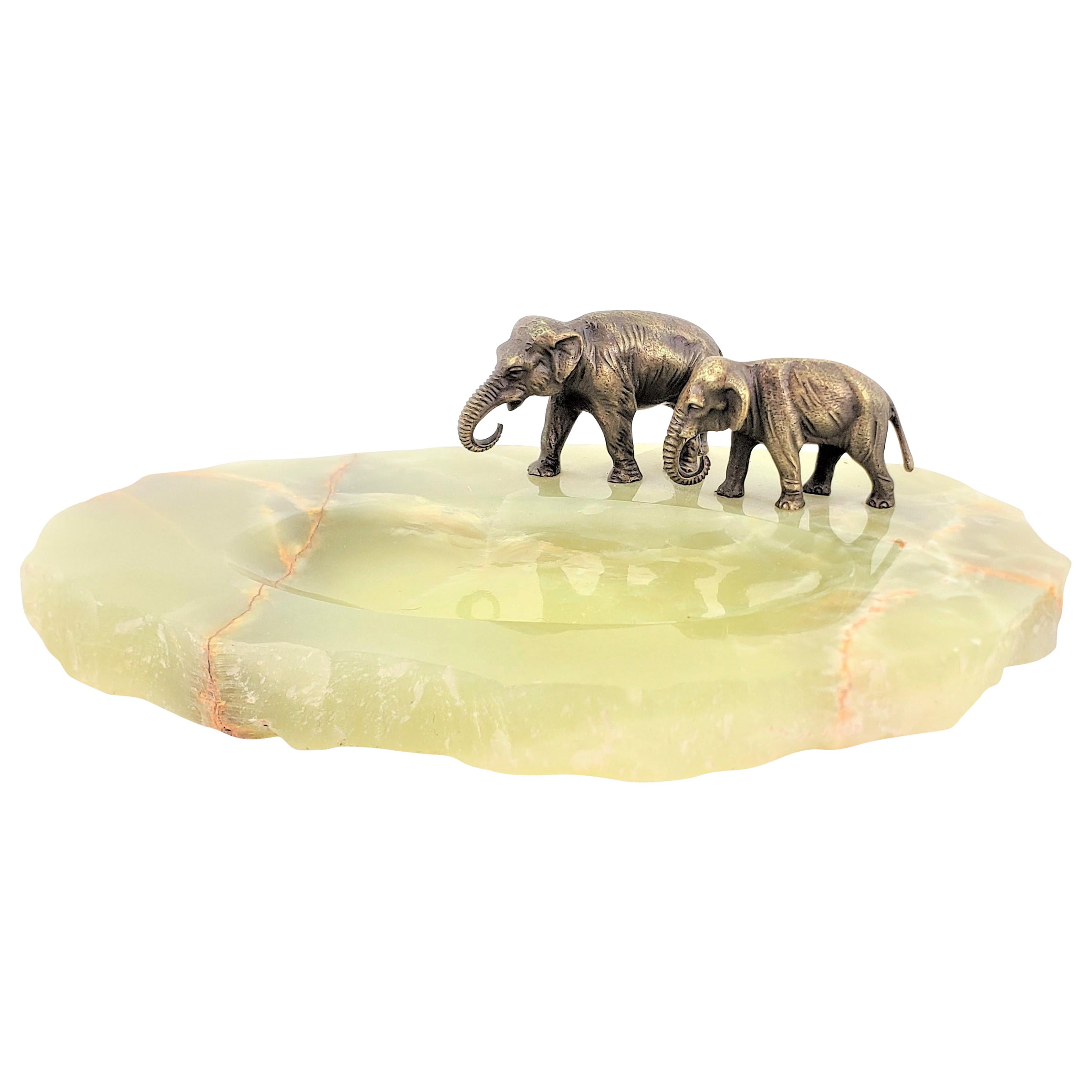 Antique Tray or Vide-Poche with Two Austrian Bronze Elephants and Onyx Base