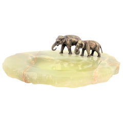 Antique Tray or Vide-Poche with Two Austrian Bronze Elephants and Onyx Base