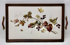 Plateau ancien avec panneau de carreaux Art Nouveau avec décoration florale, années 1905