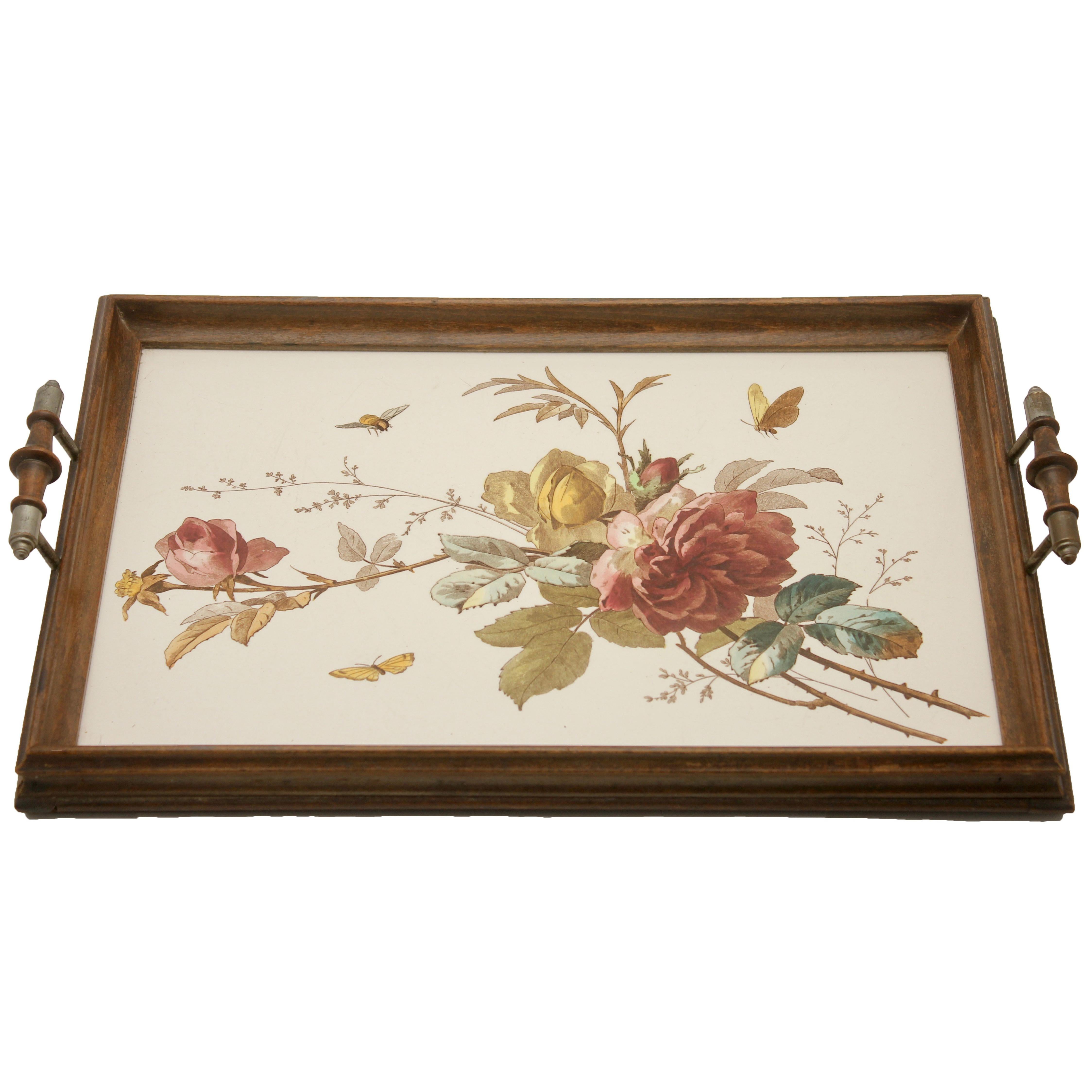 Antique Tray with Art Nouveau Tile Panel with Rose Decoration Hand-Painted