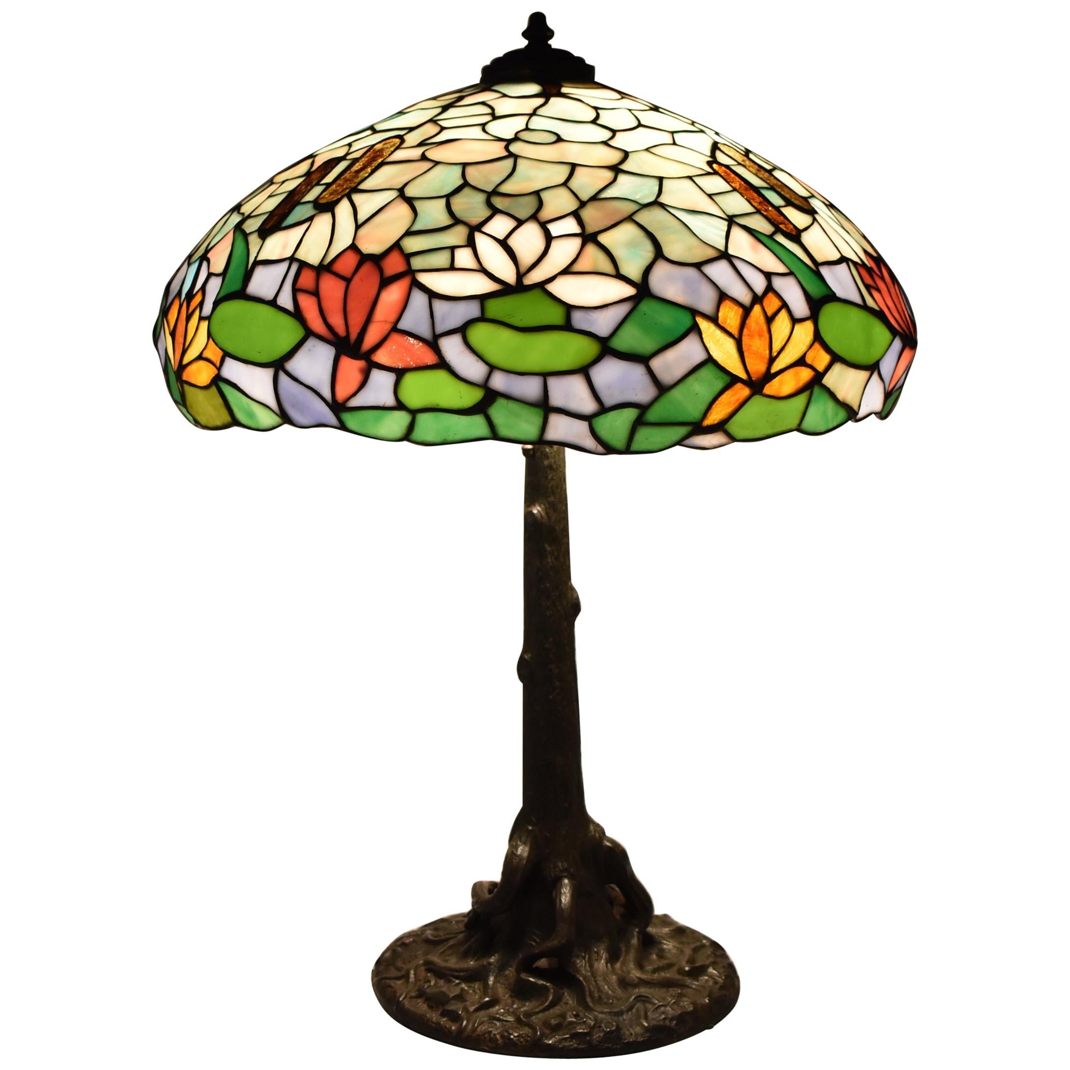 Antique Tree Trunk Base Stained Glass Wilkinson Shade Cattails & Water Lilies For Sale