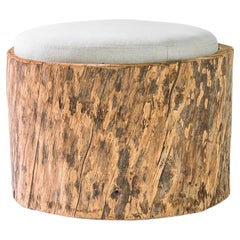 Antique Tree Trunk Pouf with Upholstered Seat