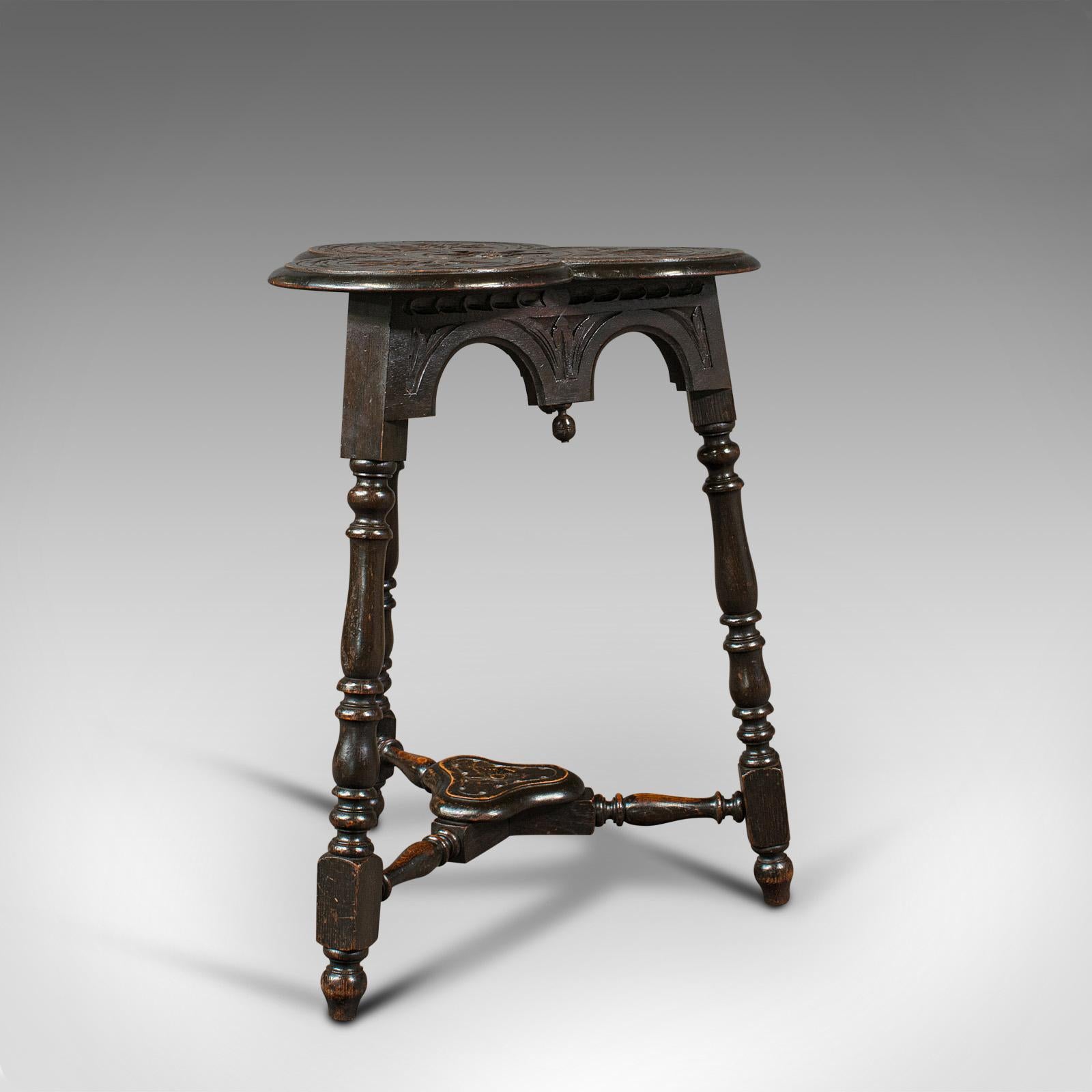 19th Century Antique Trefoil Side Table, Scottish, Oak, Wine, Aesthetic Period, Victorian