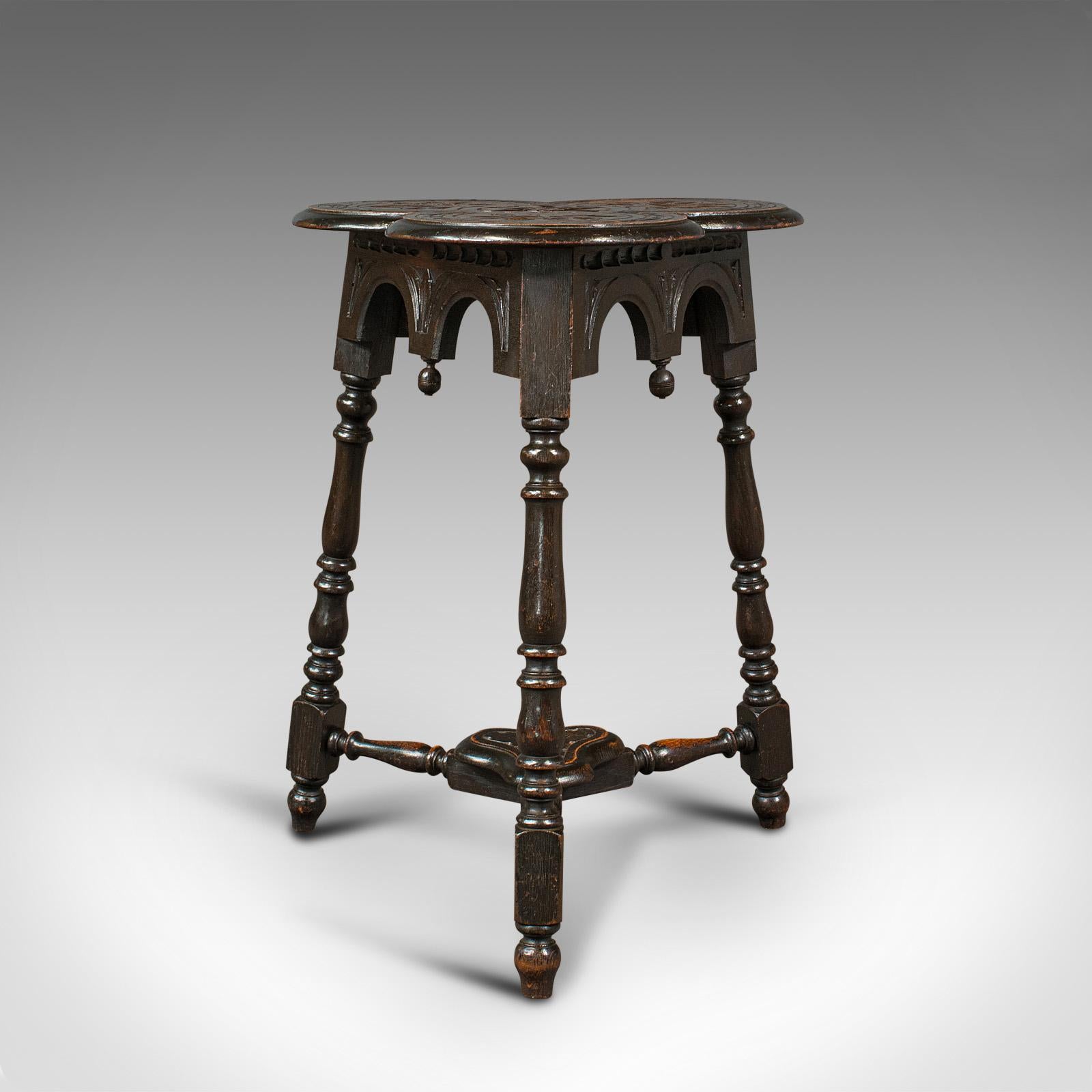 Antique Trefoil Side Table, Scottish, Oak, Wine, Aesthetic Period, Victorian 1