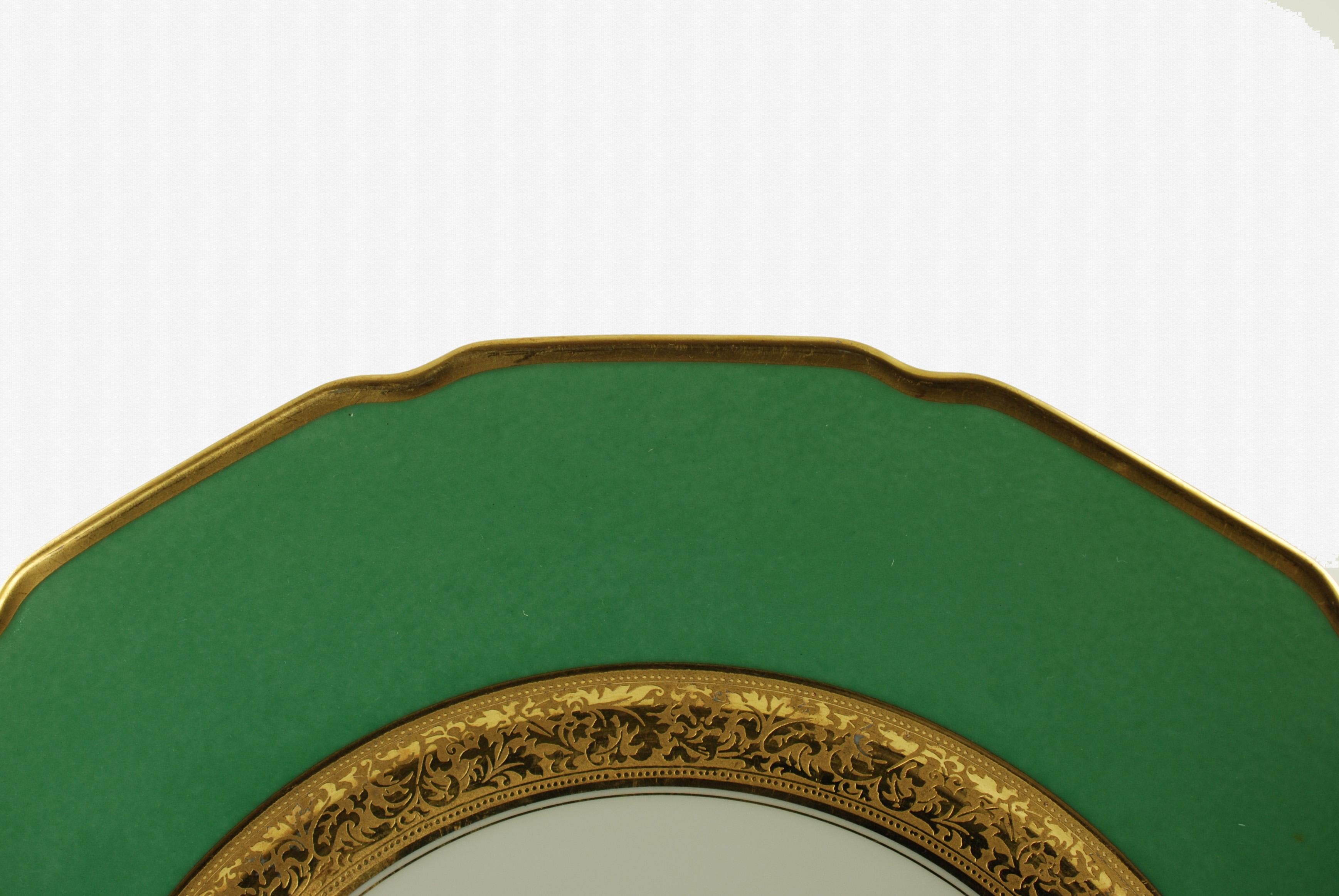 Late Victorian Antique Tressemanes & Vogt Porcelain Dinner Plates with Green Band and Gilt Trim